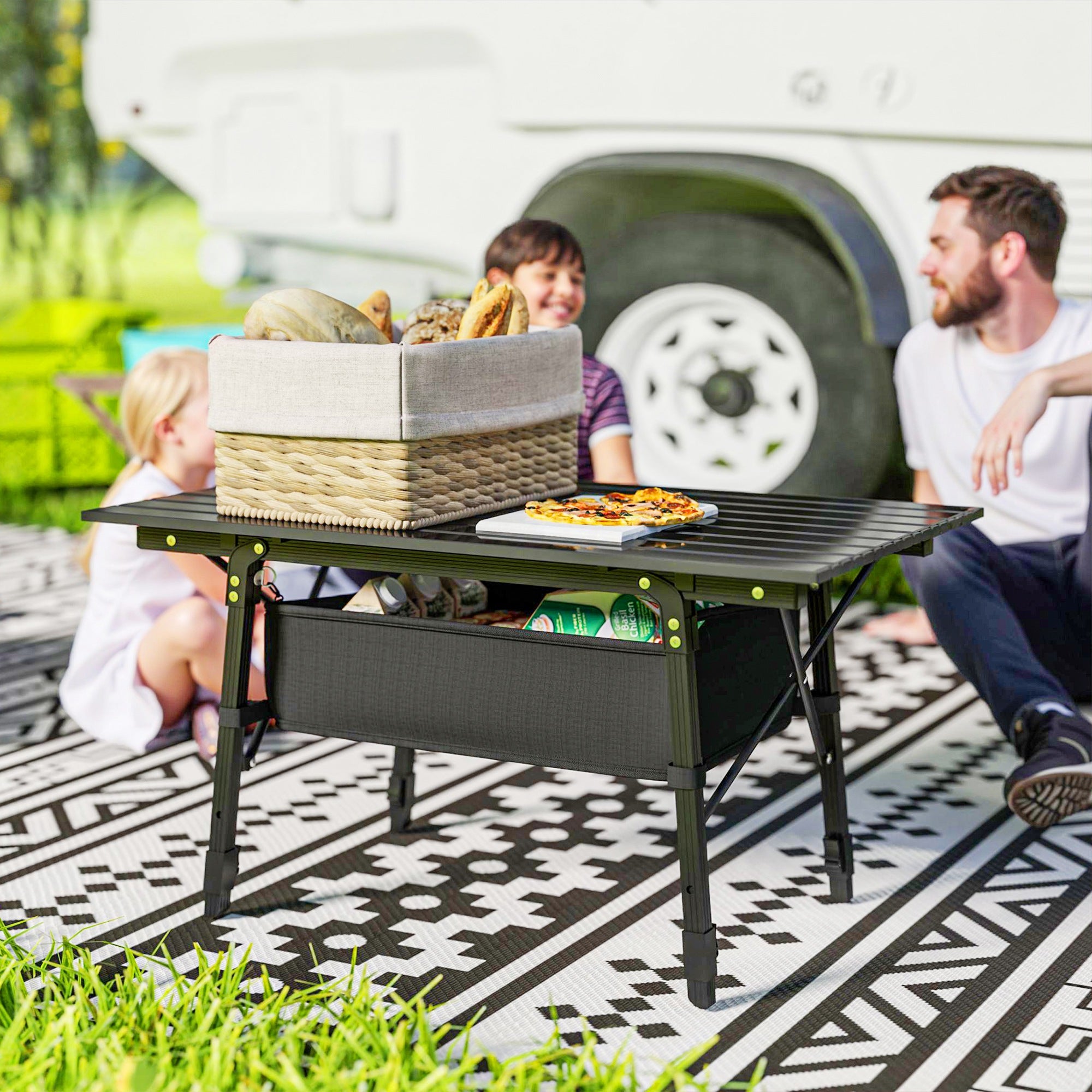 Outsunny Folding Camping Table, Adjustable Height, Storage Basket, Black