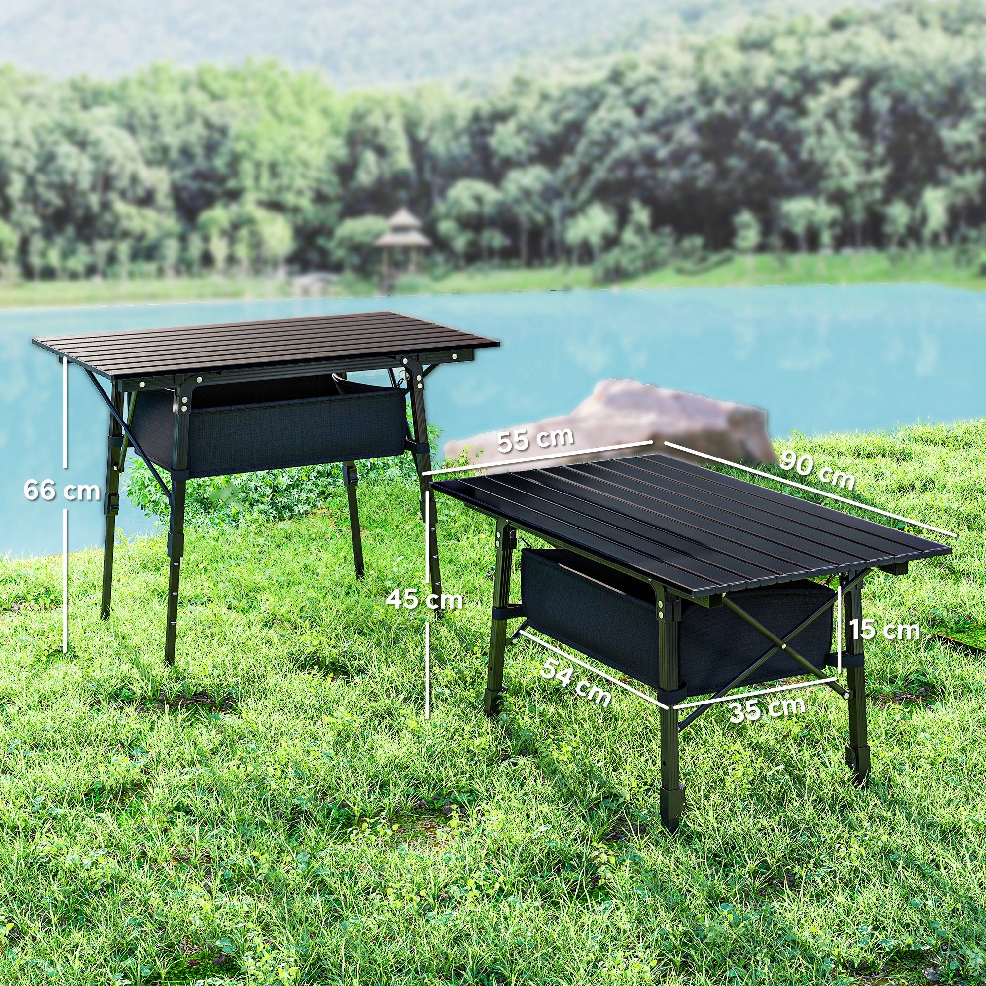 Outsunny Folding Camping Table, Adjustable Height, Storage Basket, Black