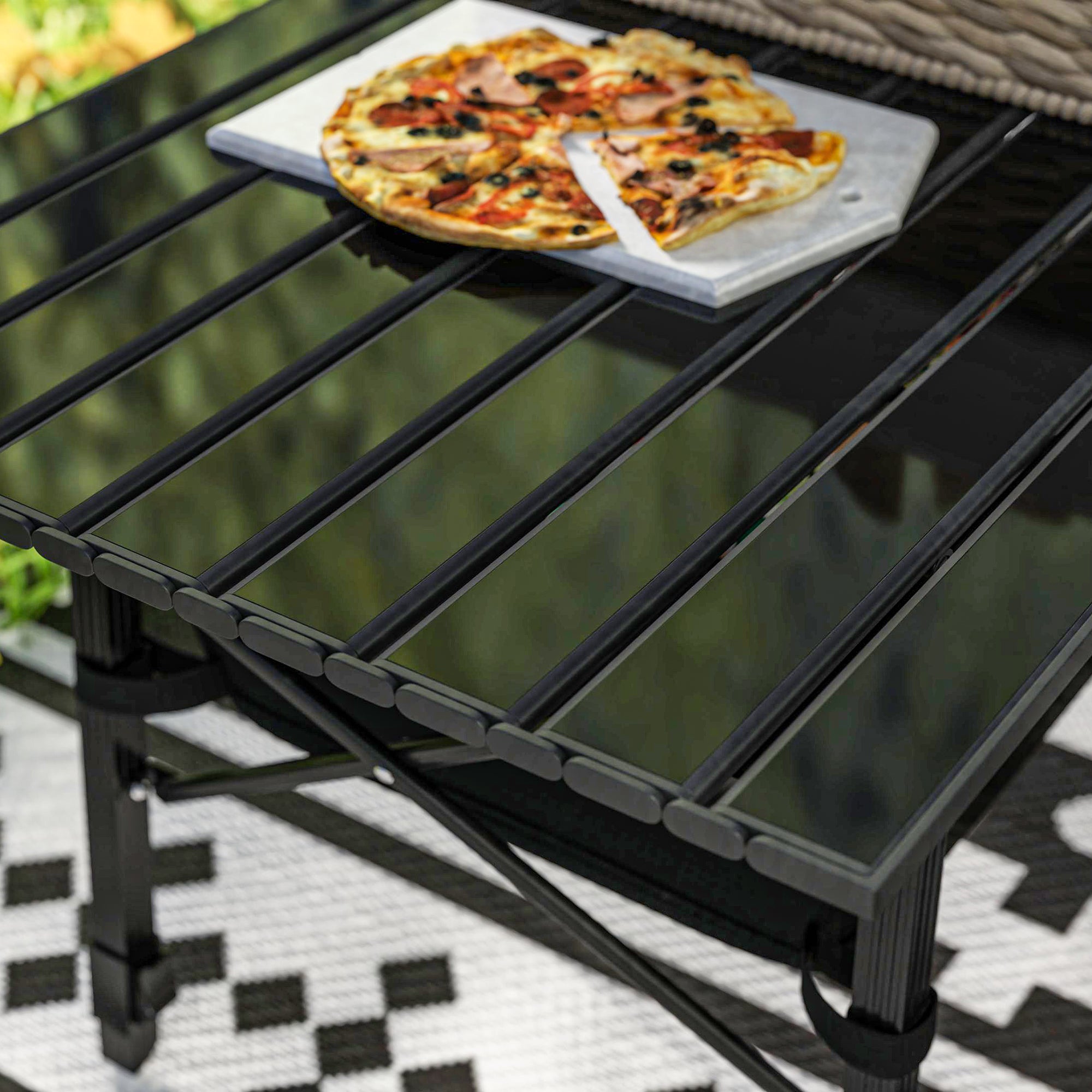 Outsunny Folding Camping Table, Adjustable Height, Storage Basket, Black