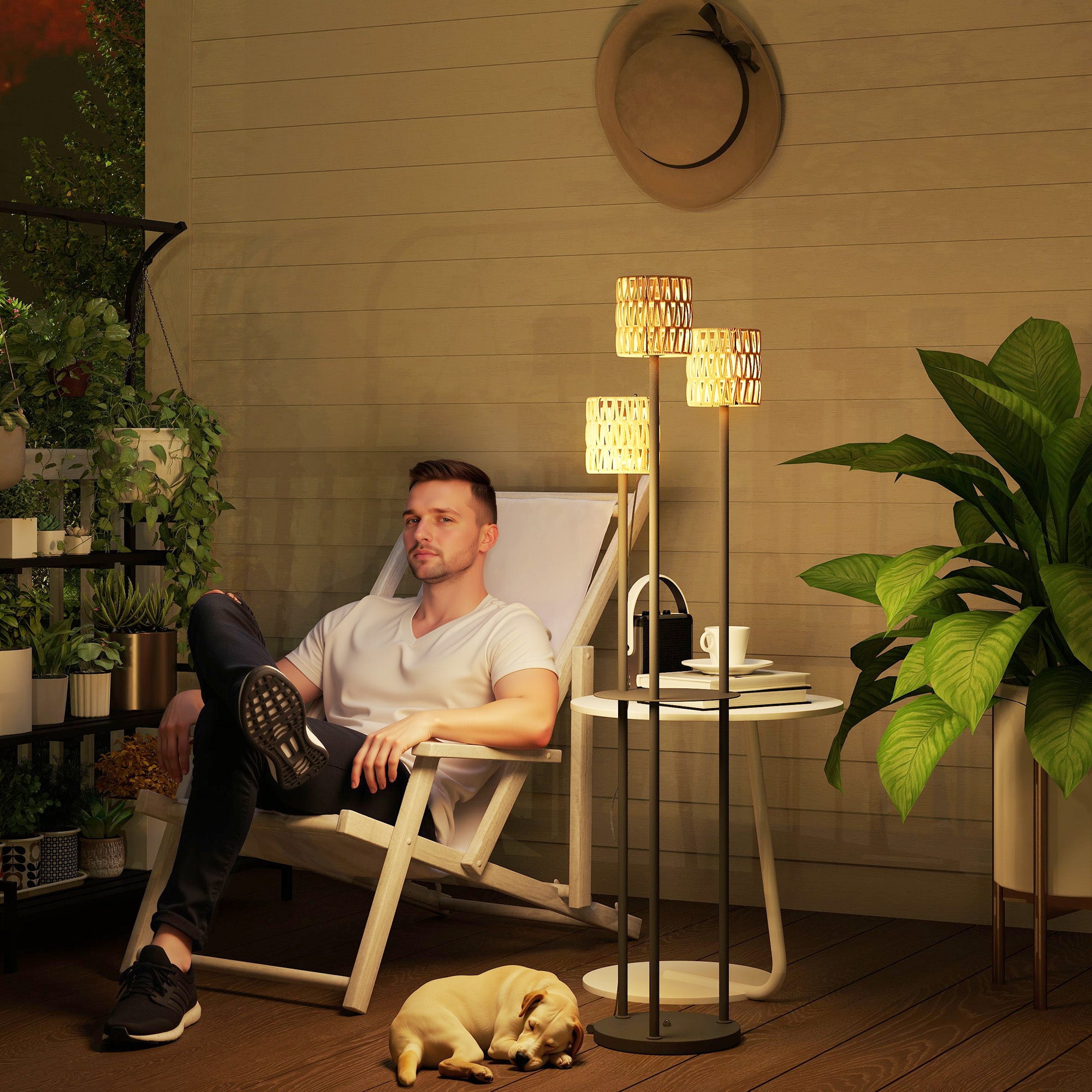 Outsunny 3-Light Solar Rattan Floor Lamp with Shelf, Auto On/Off