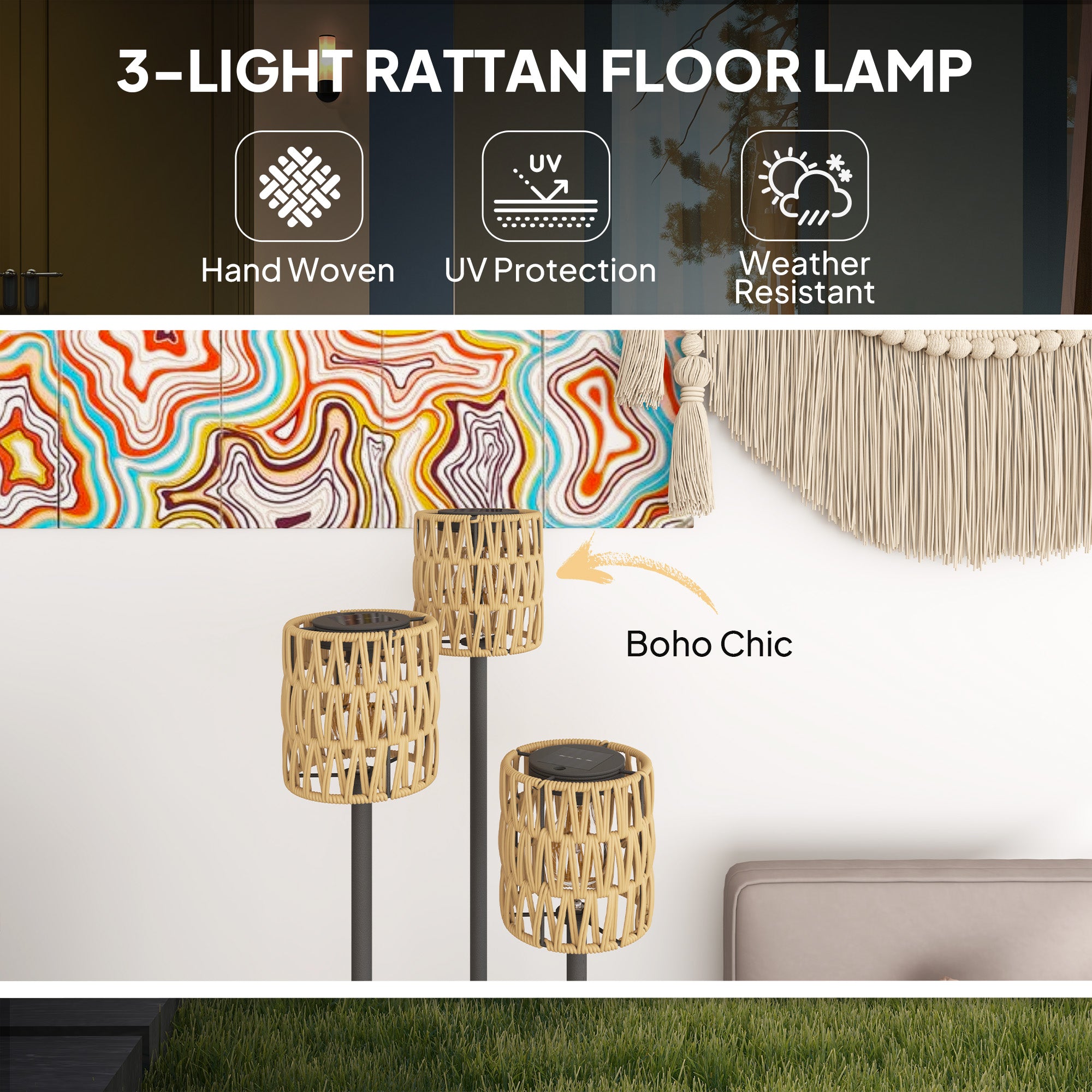 Outsunny 3-Light Solar Rattan Floor Lamp with Shelf, Auto On/Off