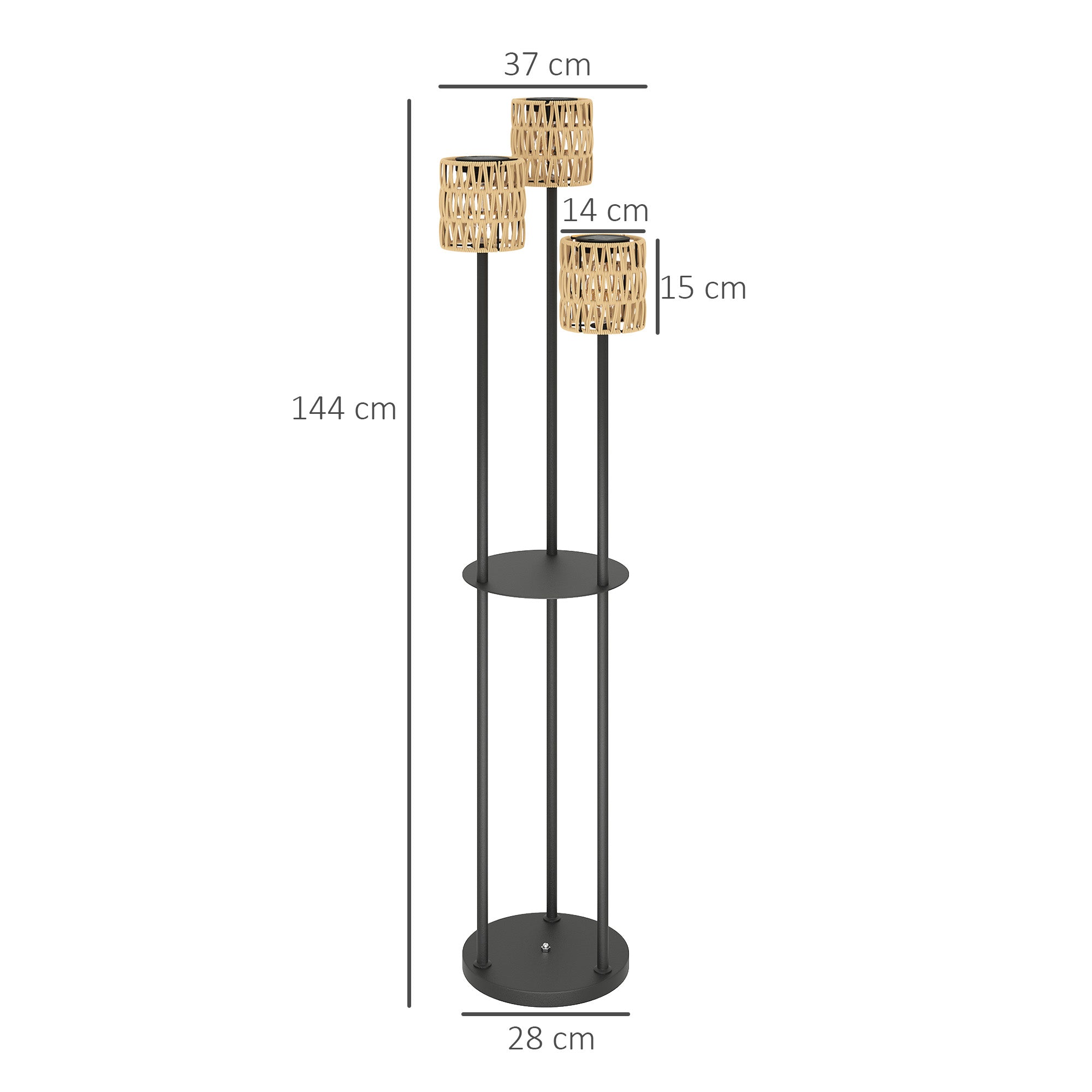 Outsunny 3-Light Solar Rattan Floor Lamp with Shelf, Auto On/Off