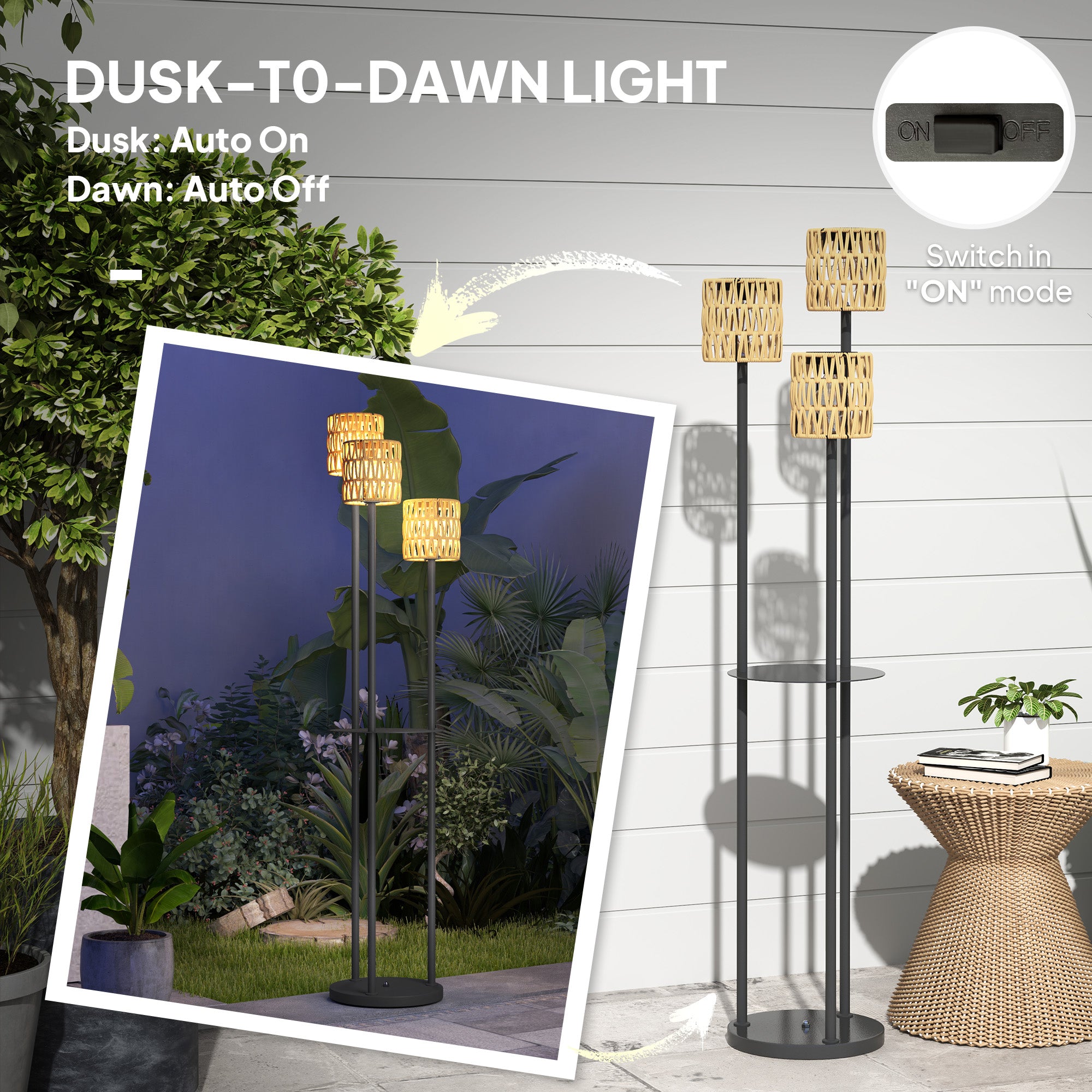 Outsunny 3-Light Solar Rattan Floor Lamp with Shelf, Auto On/Off