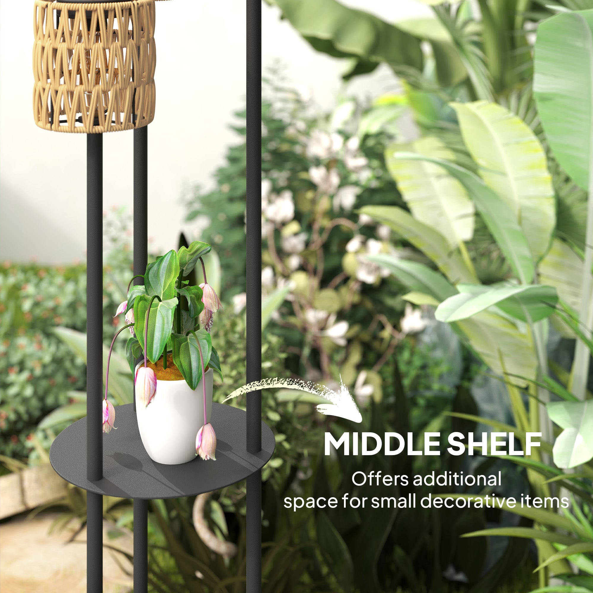 Outsunny 3-Light Solar Rattan Floor Lamp with Shelf, Auto On/Off