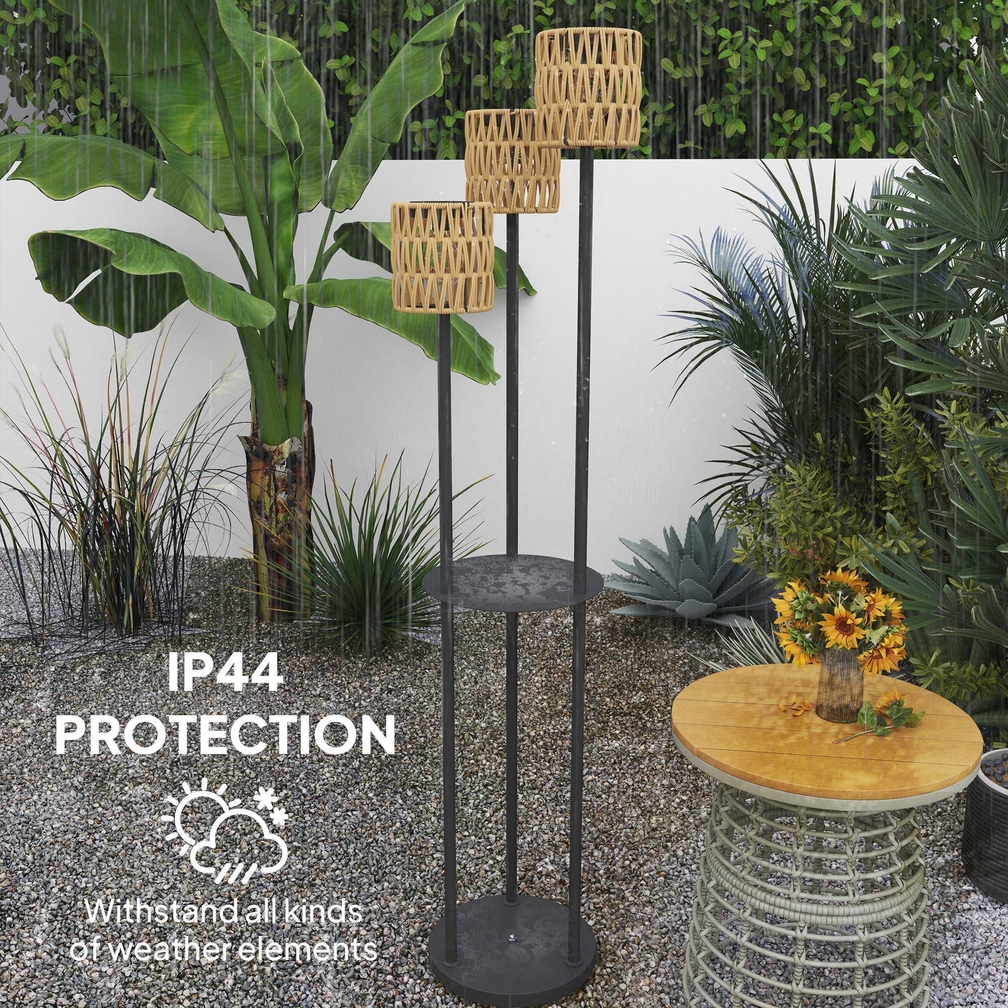 Outsunny 3-Light Solar Rattan Floor Lamp with Shelf, Auto On/Off