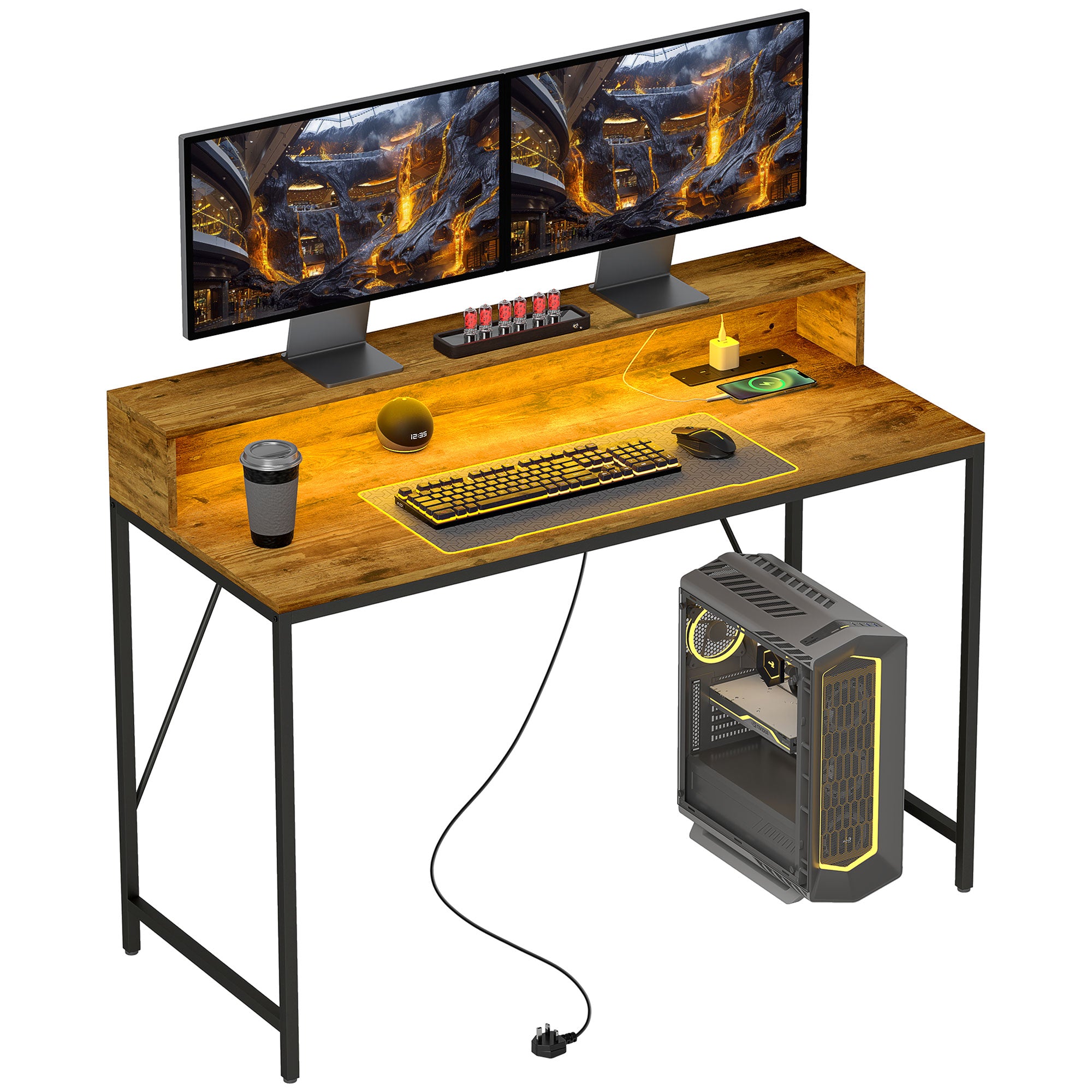 HOMCOM LED Computer Desk with Shelf and Monitor Stand, Rustic Brown