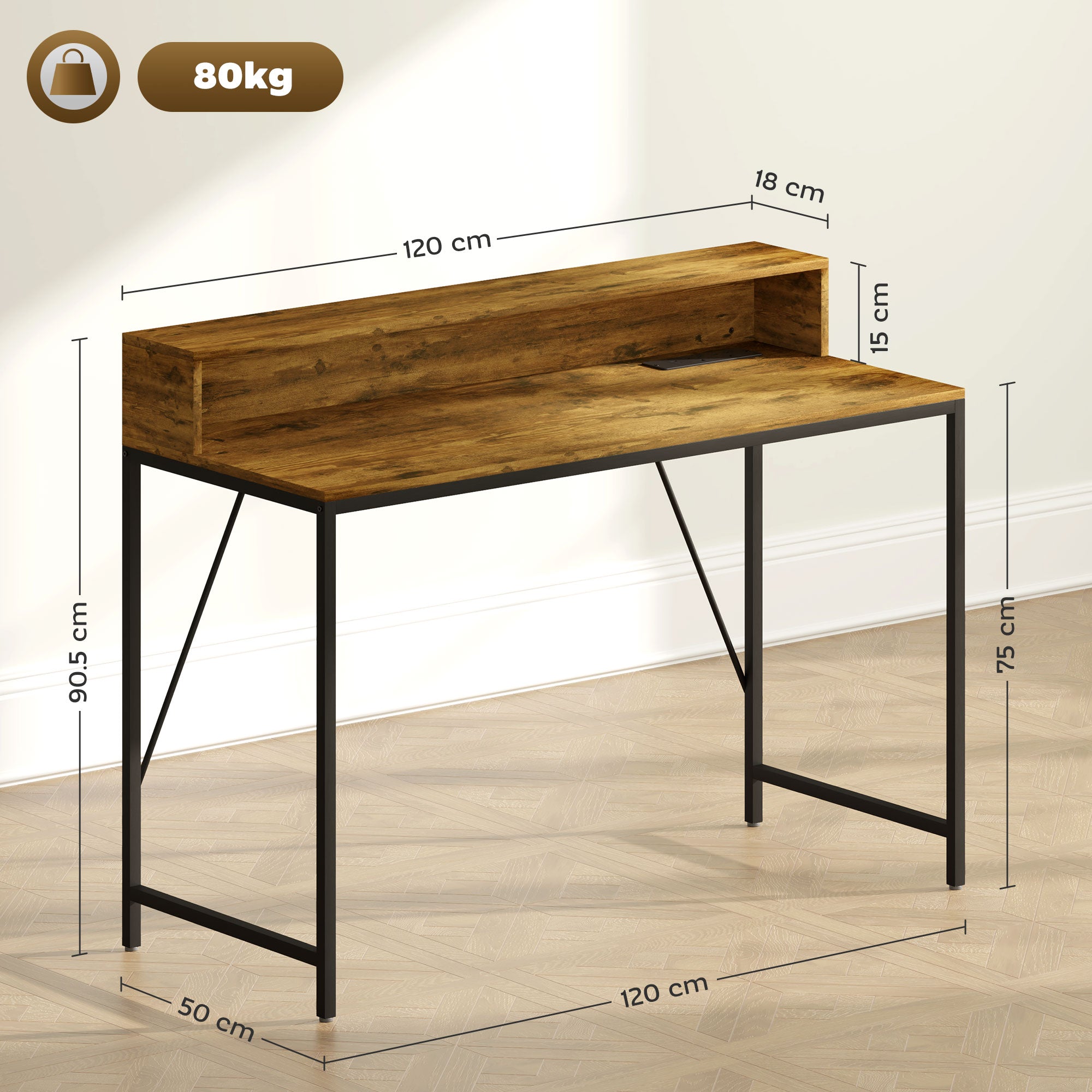 HOMCOM LED Computer Desk with Shelf and Monitor Stand, Rustic Brown