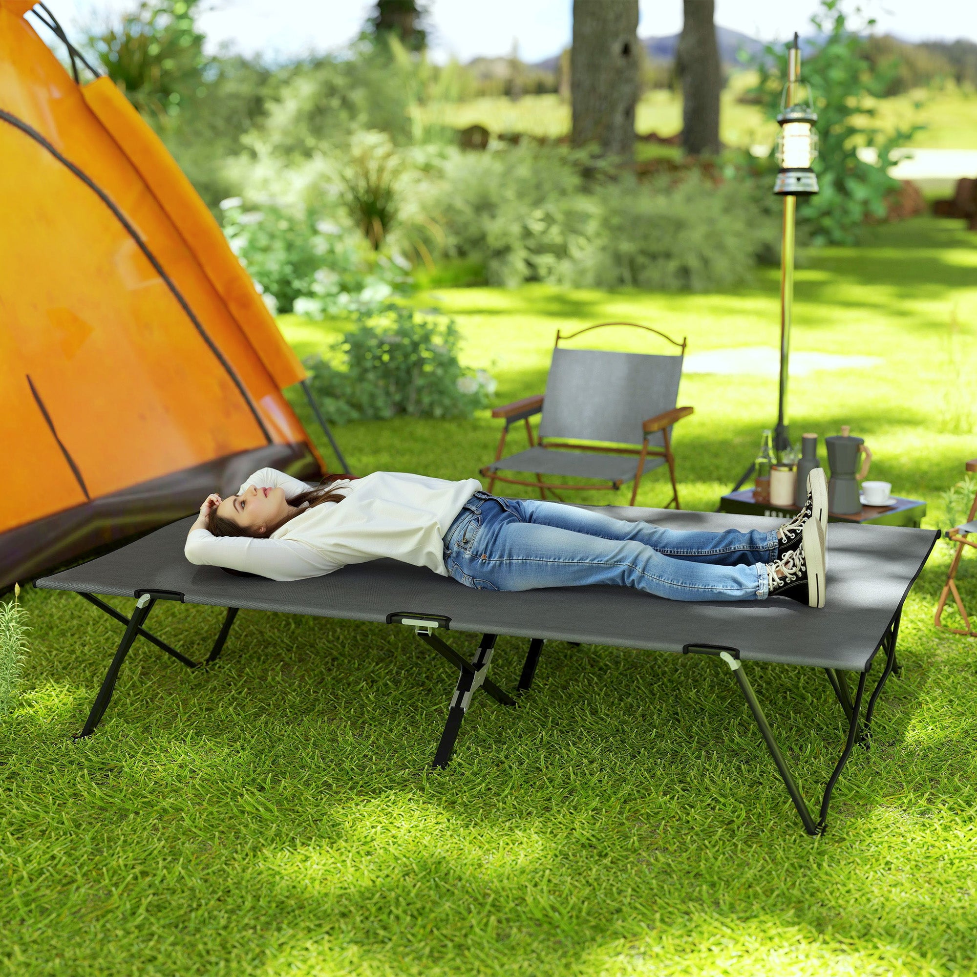 Outsunny Double Folding Camping Cot with Carry Bag, Charcoal Grey