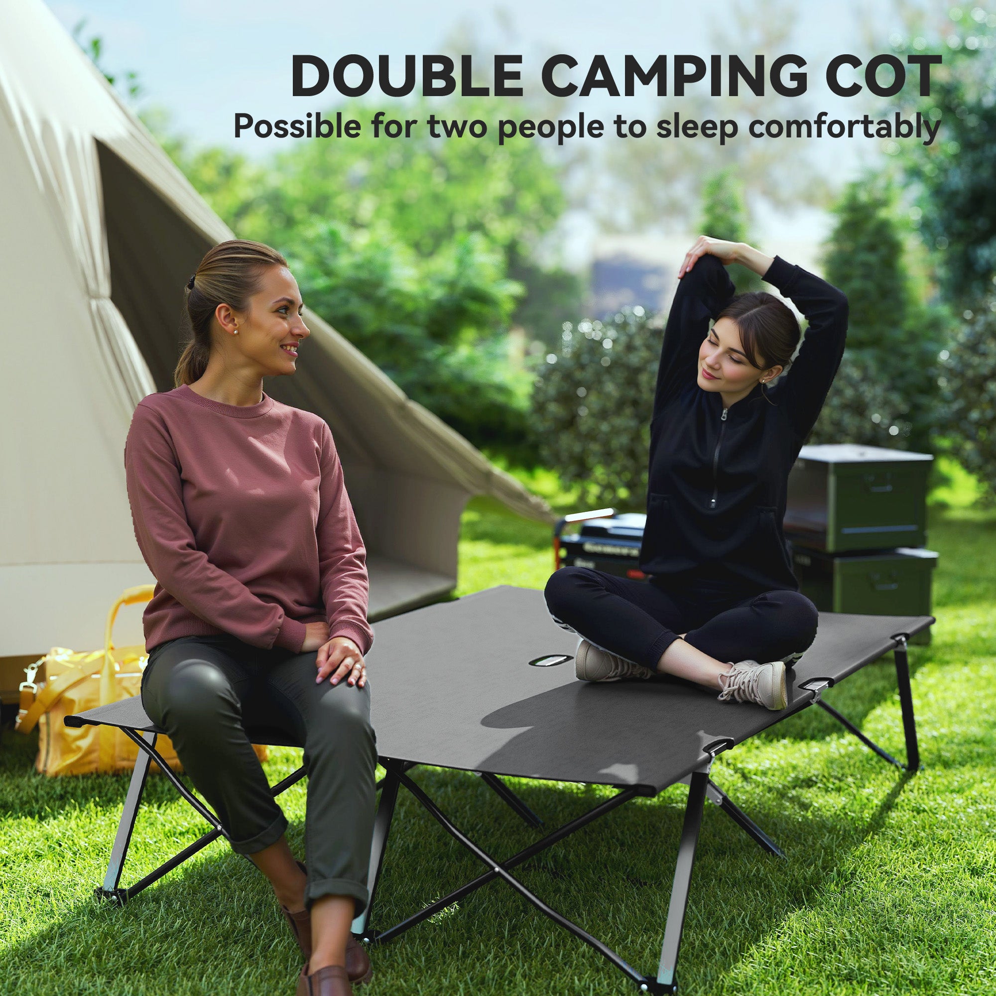 Outsunny Double Folding Camping Cot with Carry Bag, Charcoal Grey
