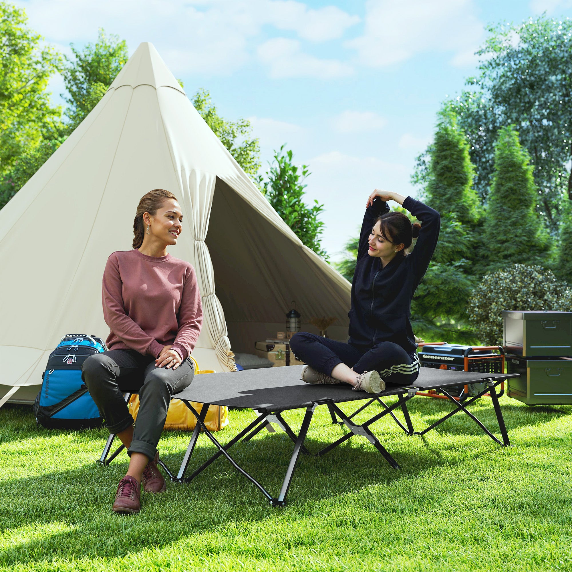 Outsunny Double Folding Camping Cot with Carry Bag, Charcoal Grey
