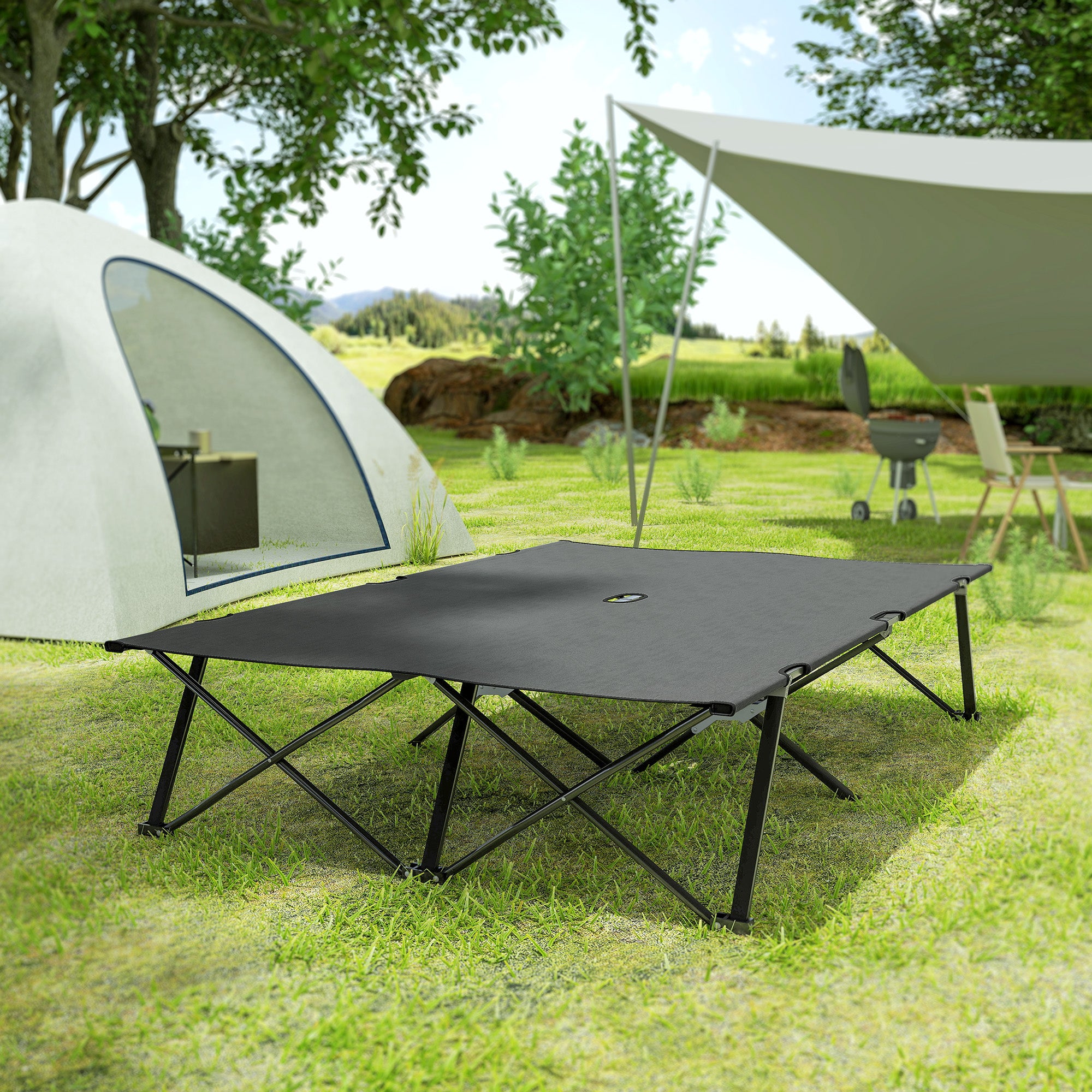 Outsunny Double Folding Camping Cot with Carry Bag, Charcoal Grey