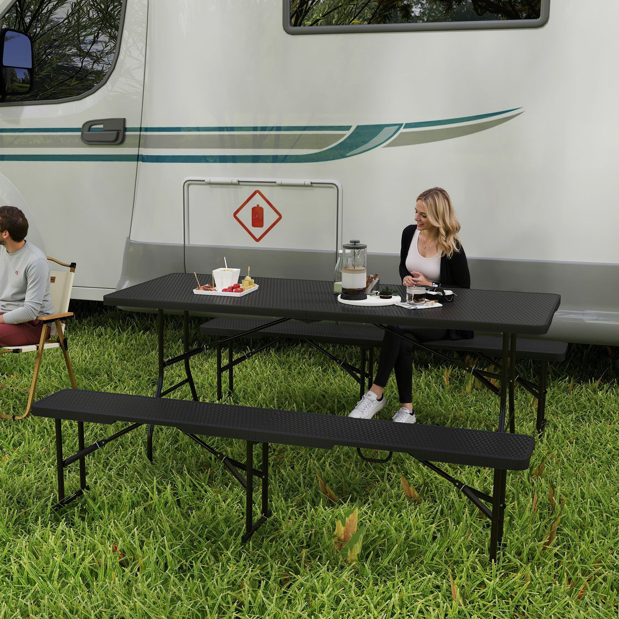 Outsunny Rattan Effect Folding Picnic Table & Bench Set, Black
