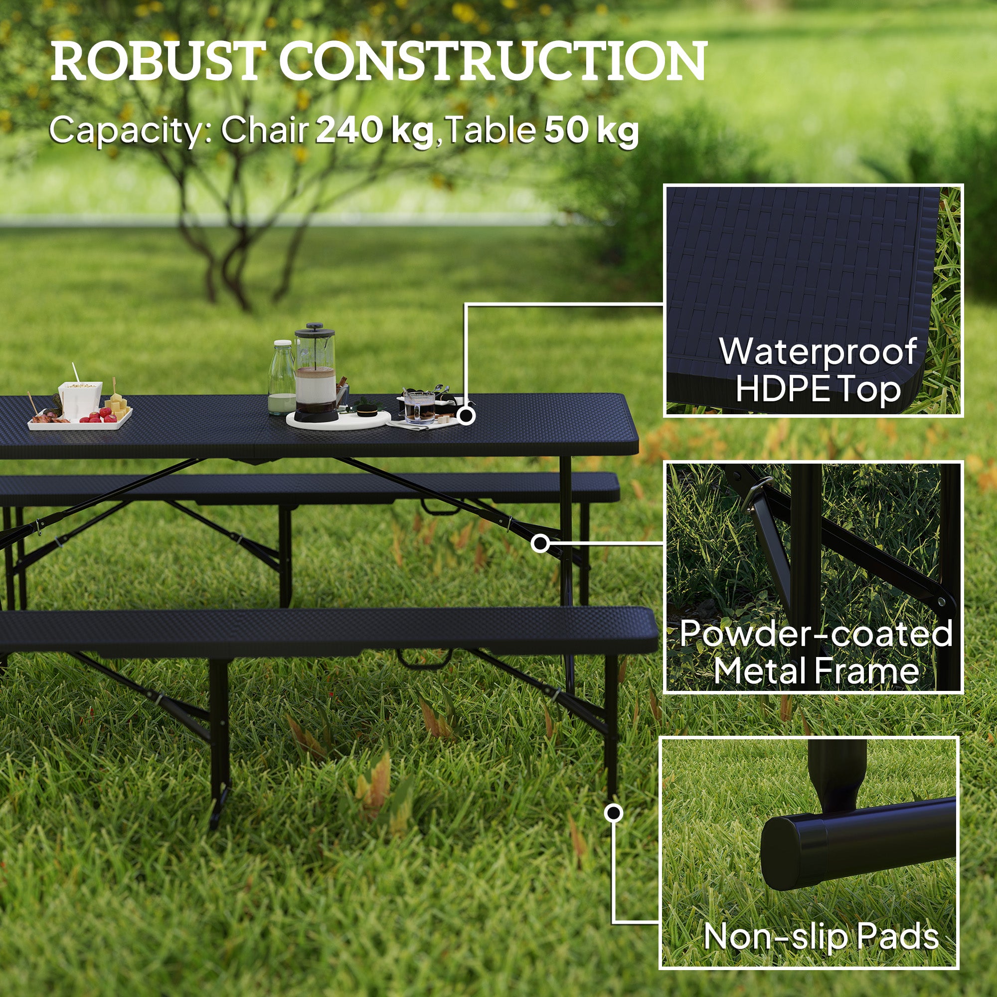 Outsunny Rattan Effect Folding Picnic Table & Bench Set, Black