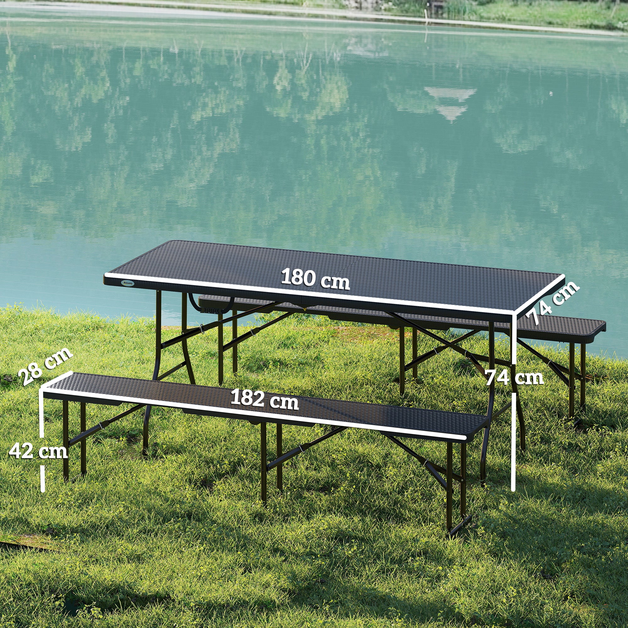 Outsunny Rattan Effect Folding Picnic Table & Bench Set, Black