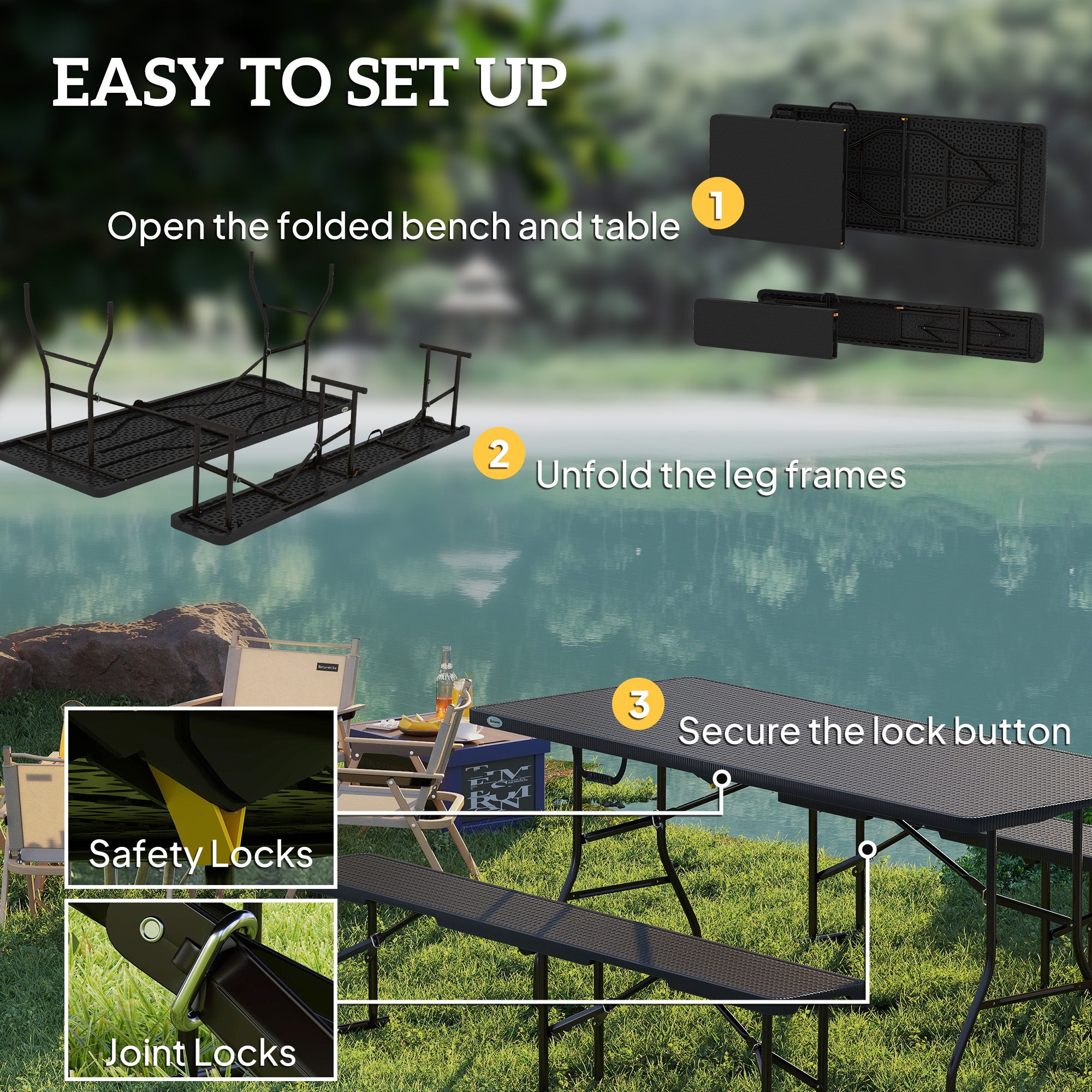 Outsunny Rattan Effect Folding Picnic Table & Bench Set, Black