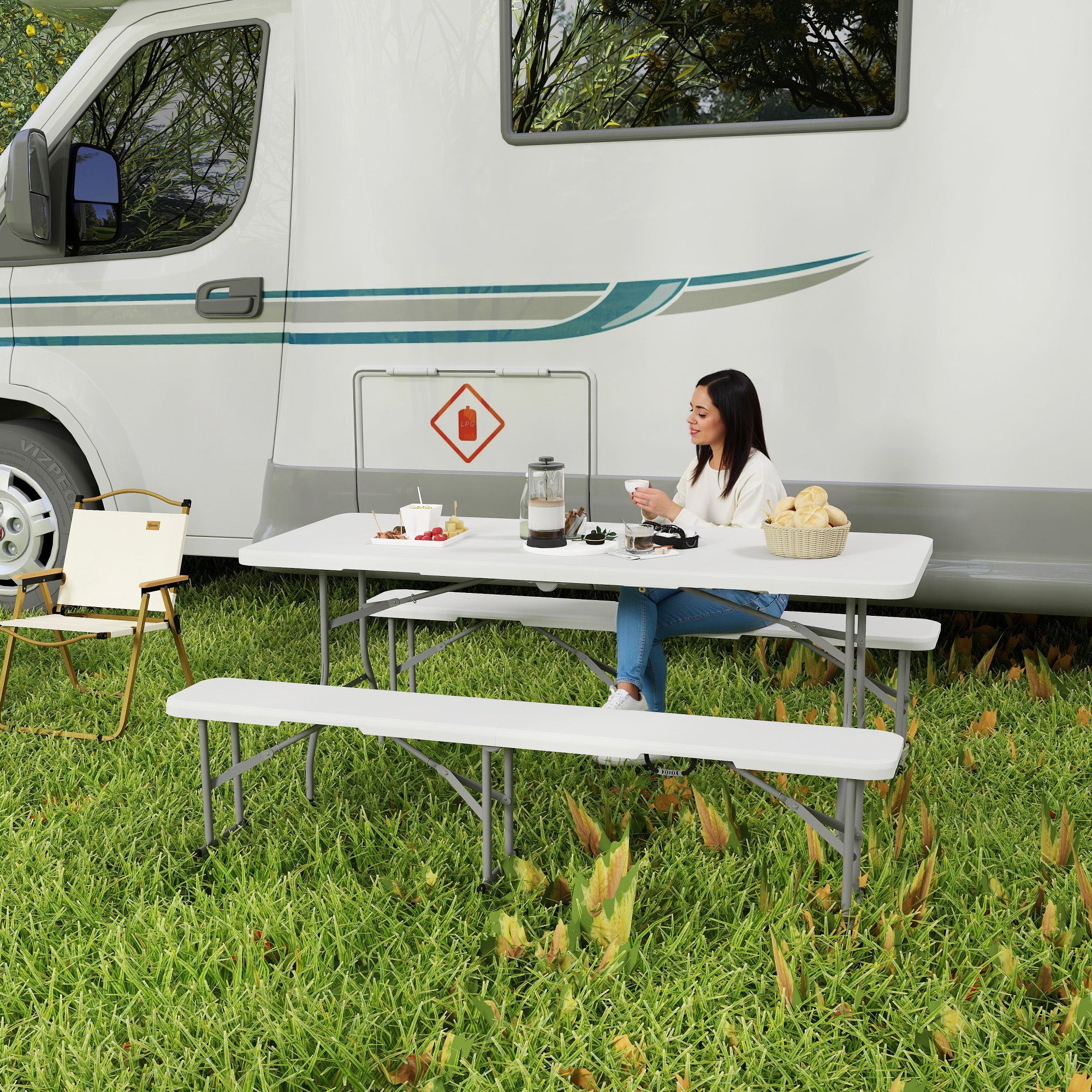 Outsunny 3-Piece Folding Picnic Table and Bench Set with Handles