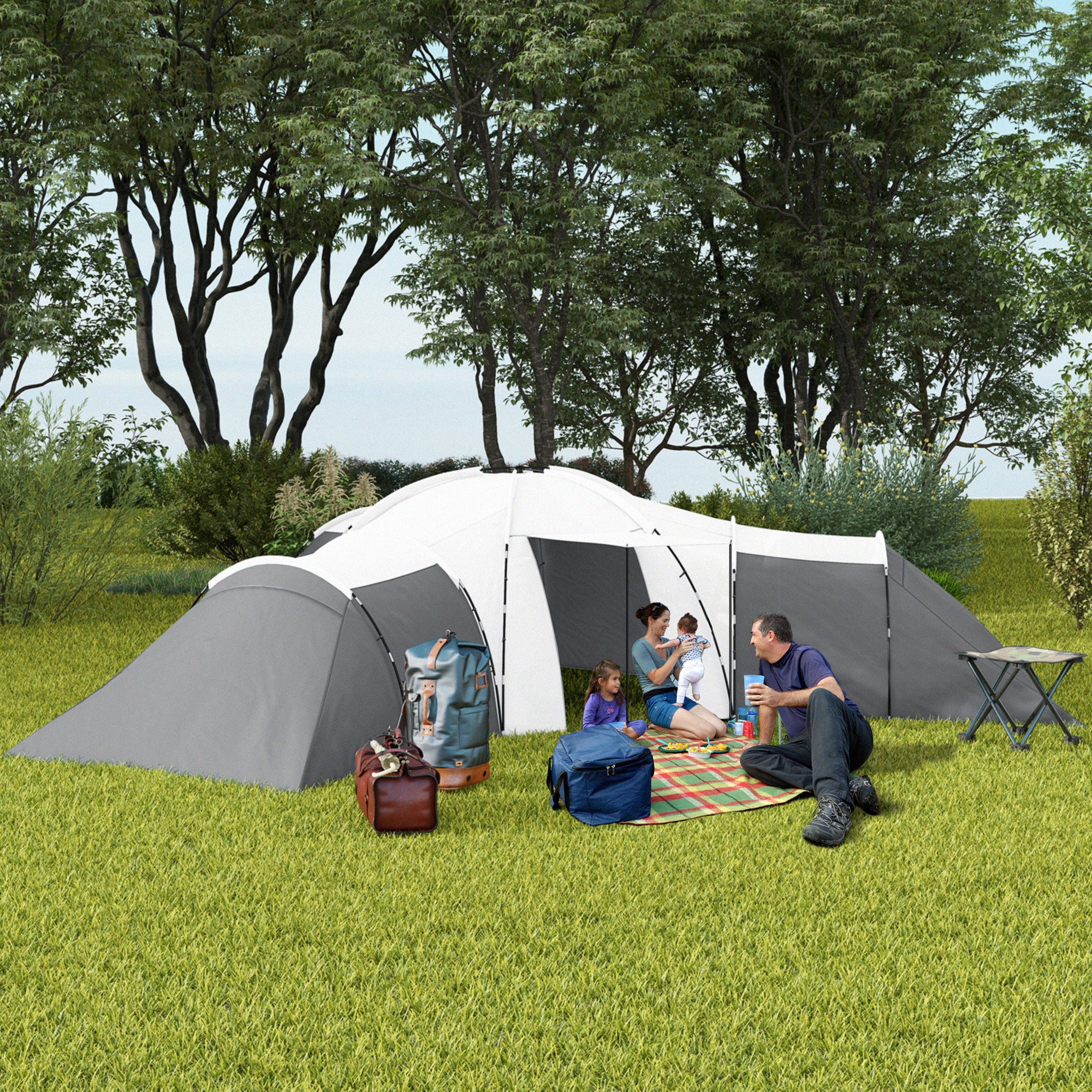 Outsunny 3-Bedroom Tunnel Tent with Living Area & Porch, Grey