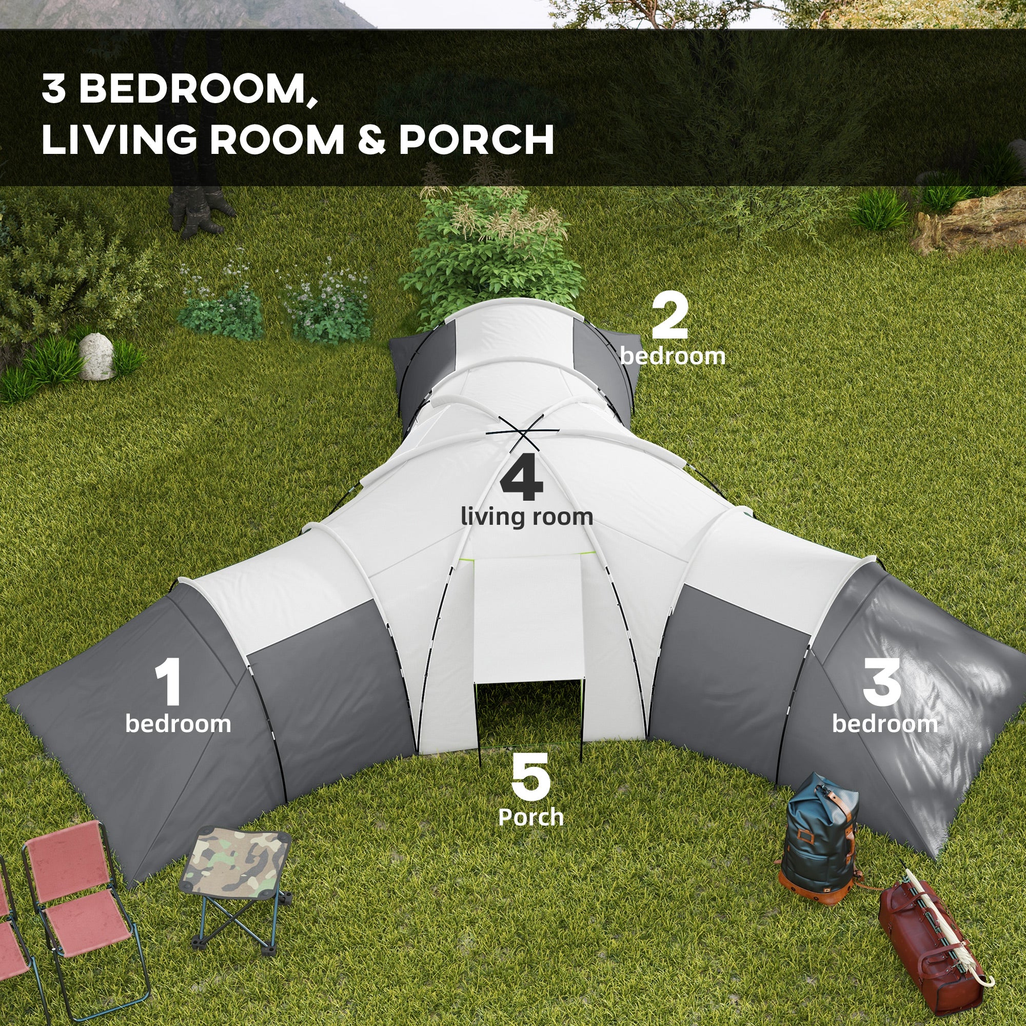 Outsunny 3-Bedroom Tunnel Tent with Living Area & Porch, Grey
