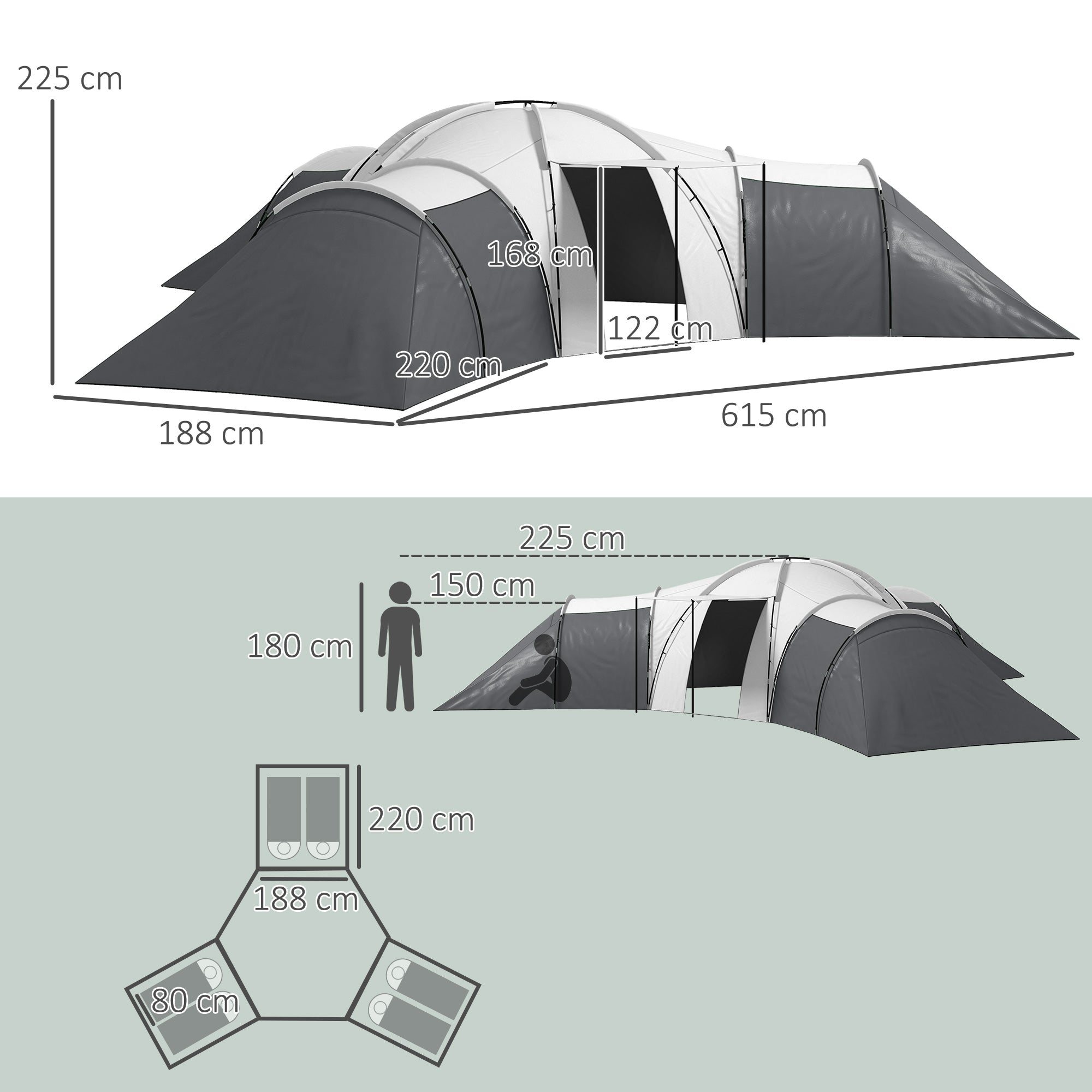 Outsunny 3-Bedroom Tunnel Tent with Living Area & Porch, Grey