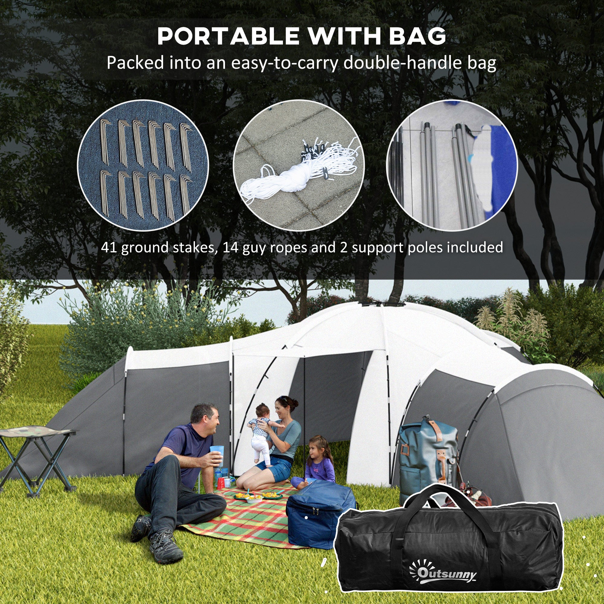 Outsunny 3-Bedroom Tunnel Tent with Living Area & Porch, Grey