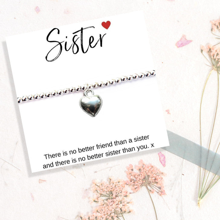 Silver Heart Charm Stretch Beaded Bracelet with Sister Message Card