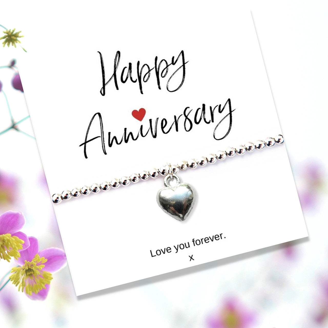 Silver Heart Beaded Bracelet with Happy Anniversary Message Card