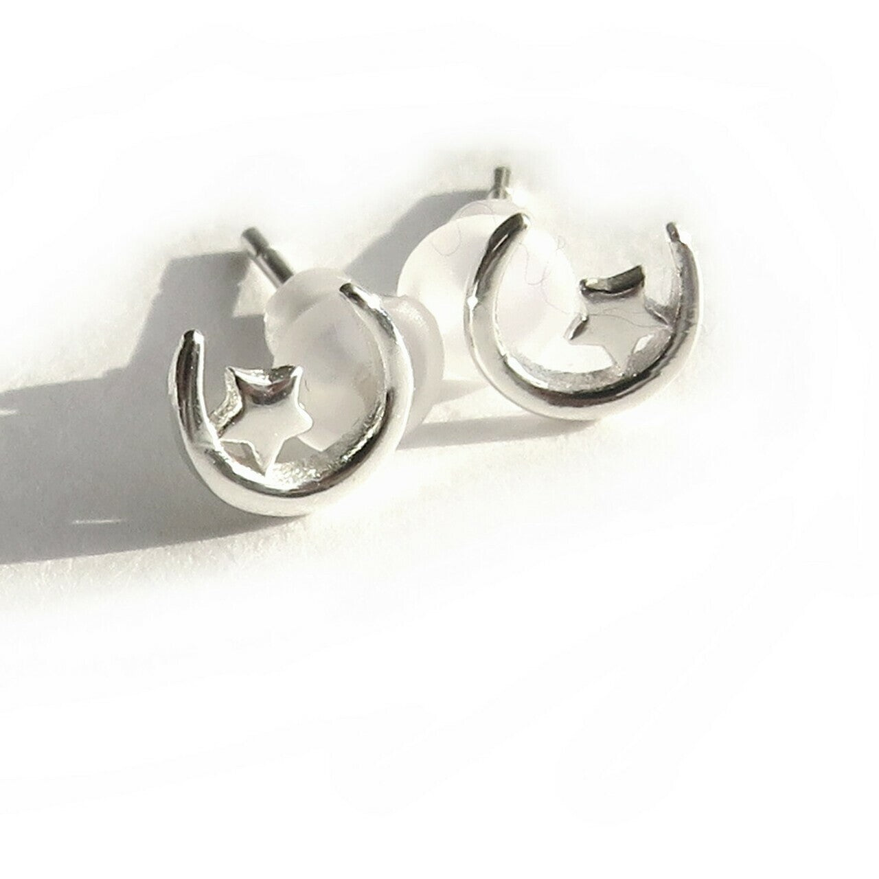 Sterling Silver Moon and Star Earrings - Small Modern Design