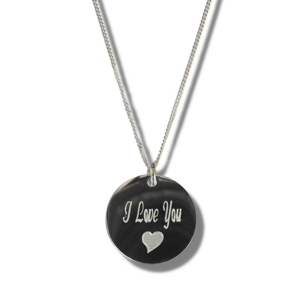 I Love You Engraved Stainless Steel Disc Necklace with Heart Symbol on Sterling Silver Chain