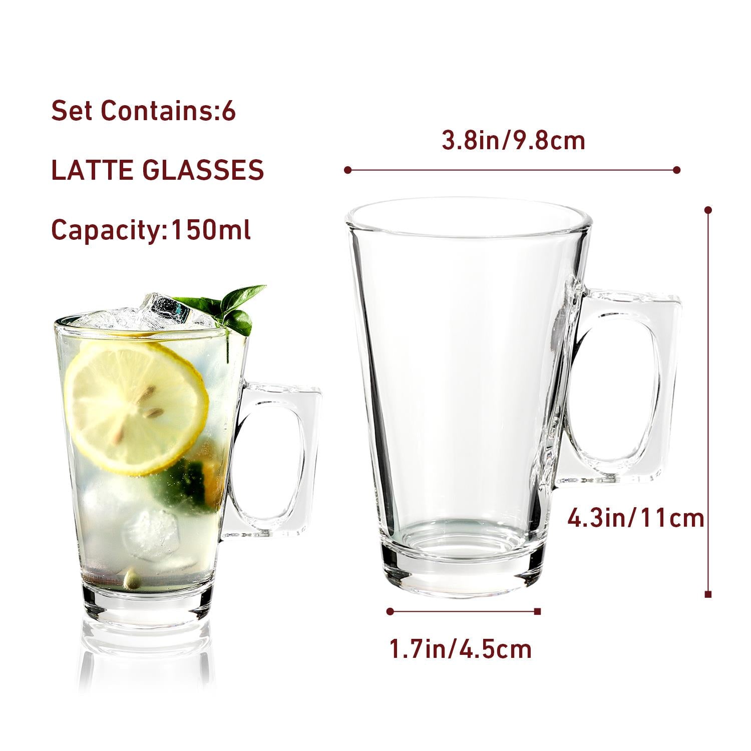 Vinsani Transparent Latte Glasses 6 Pack 200ml Dishwasher & Microwave Safe for Latte, Cappuccino, Tea and Coffee