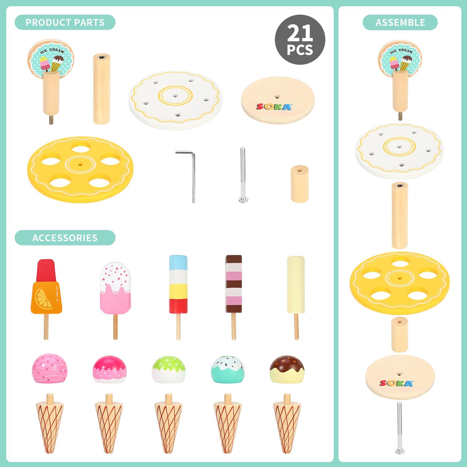 SOKA Play Imagine Learn 10-Piece Ice Cream Stand Toy Set with 2-Tiered Stand, Ice Lollies and Waffle Cones