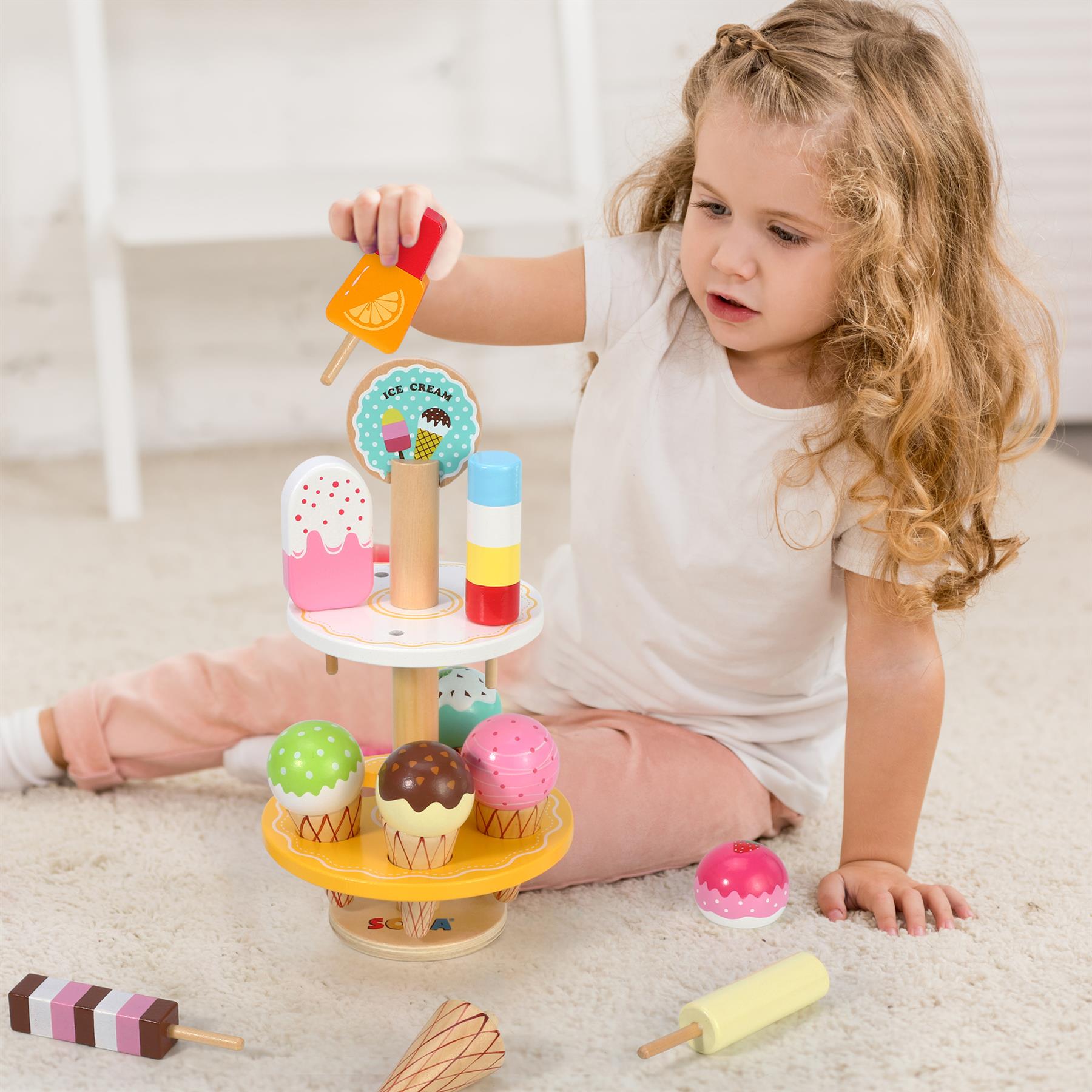 SOKA Play Imagine Learn 10-Piece Ice Cream Stand Toy Set with 2-Tiered Stand, Ice Lollies and Waffle Cones