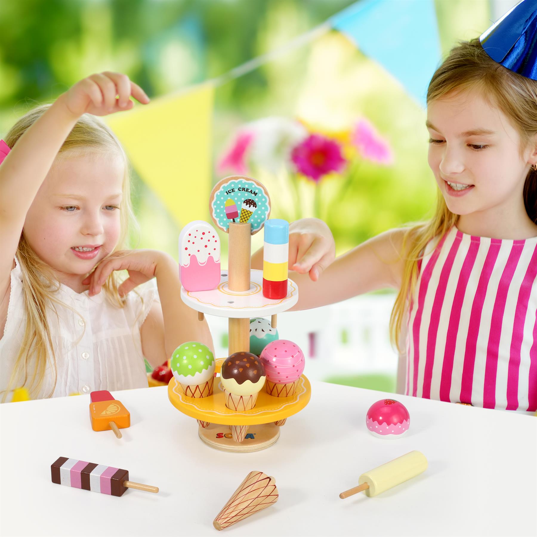 SOKA Play Imagine Learn 10-Piece Ice Cream Stand Toy Set with 2-Tiered Stand, Ice Lollies and Waffle Cones