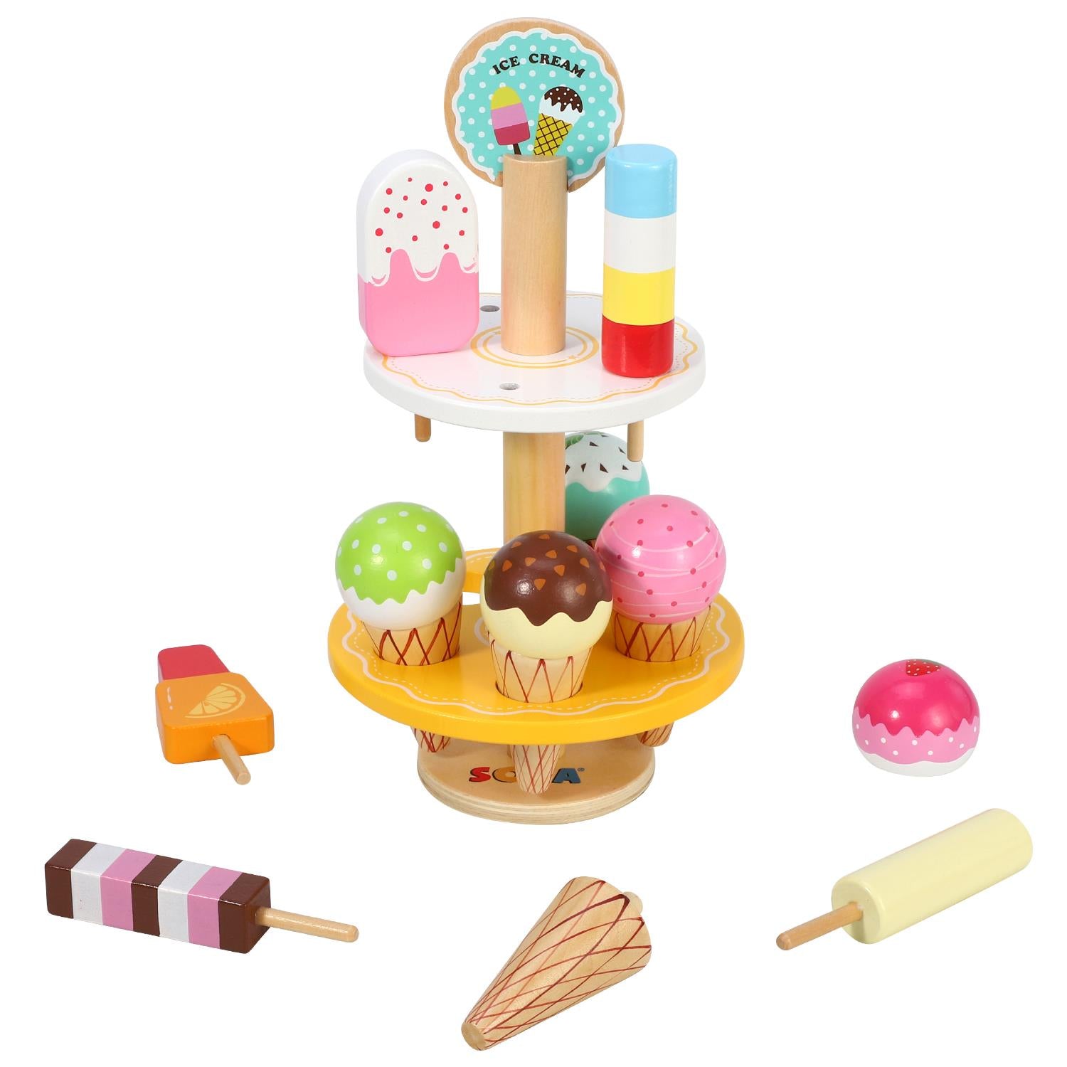 SOKA Play Imagine Learn 10-Piece Ice Cream Stand Toy Set with 2-Tiered Stand, Ice Lollies and Waffle Cones