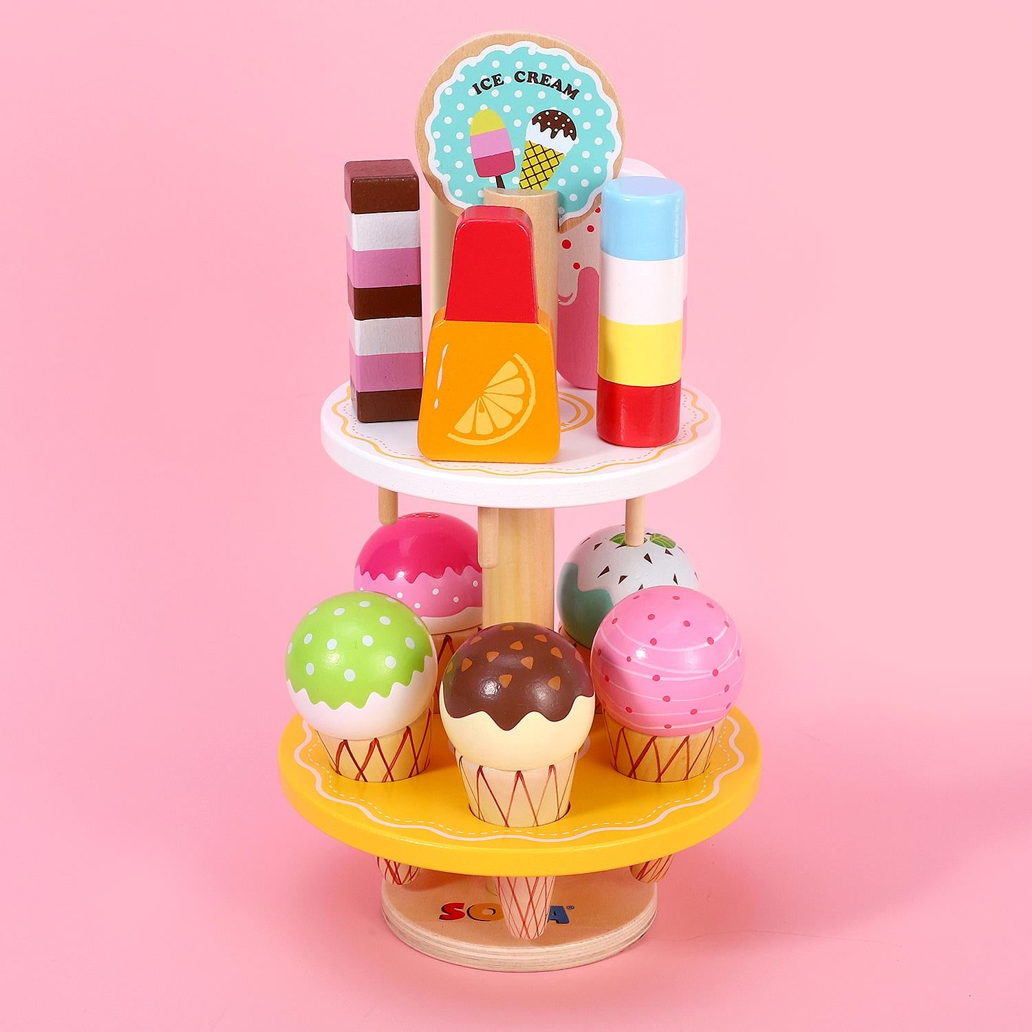 SOKA Play Imagine Learn 10-Piece Ice Cream Stand Toy Set with 2-Tiered Stand, Ice Lollies and Waffle Cones