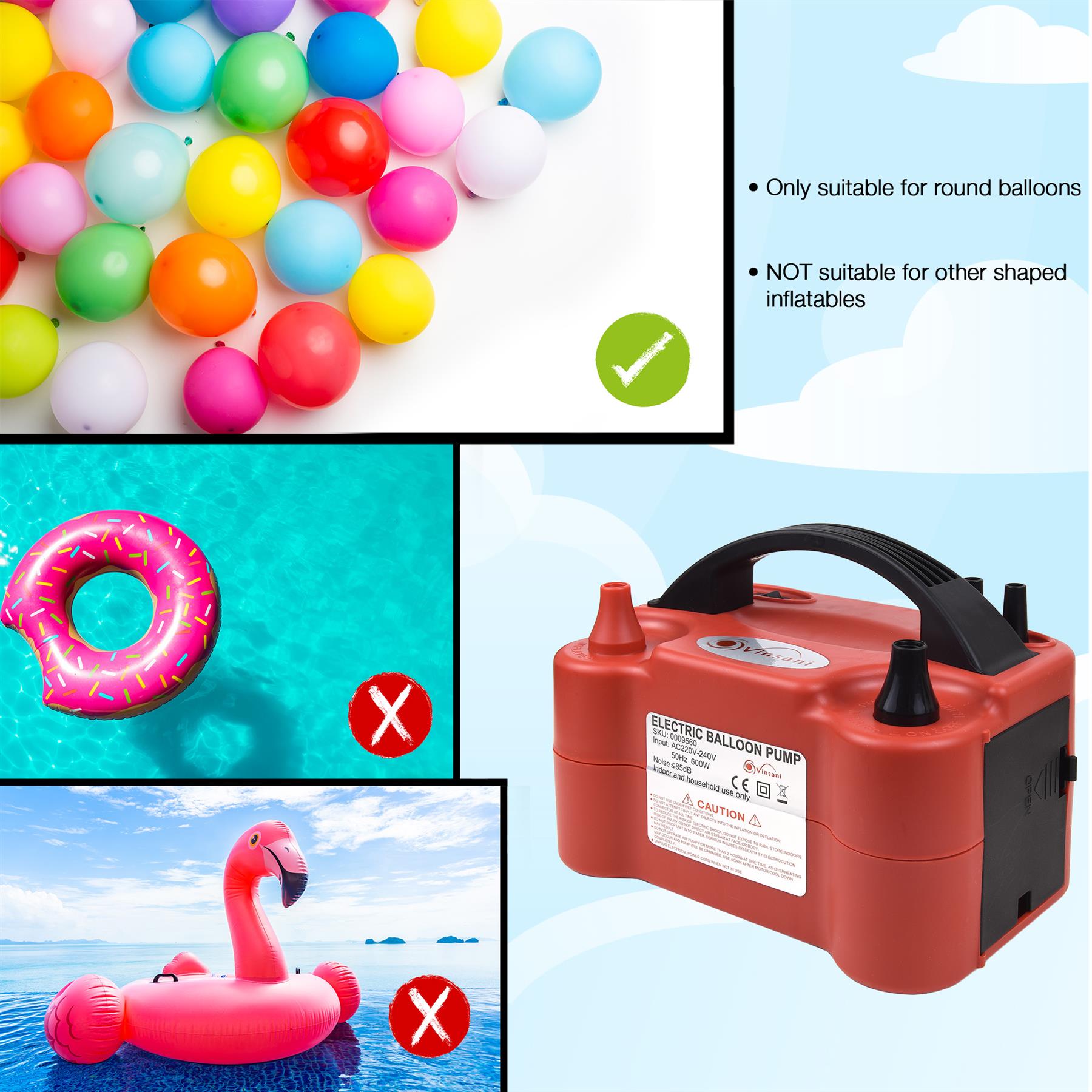 Vinsani Dual Nozzle Electric Balloon Pump 600W