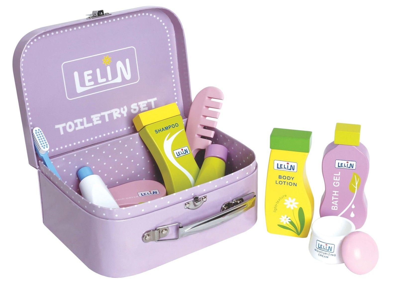 Lelin 9-Piece Toy Toiletry Set with Toothbrush, Toothpaste, Facial Cleanser, Bath Gel, Lotion, Cream, Shampoo, Comb and Hair Dryer