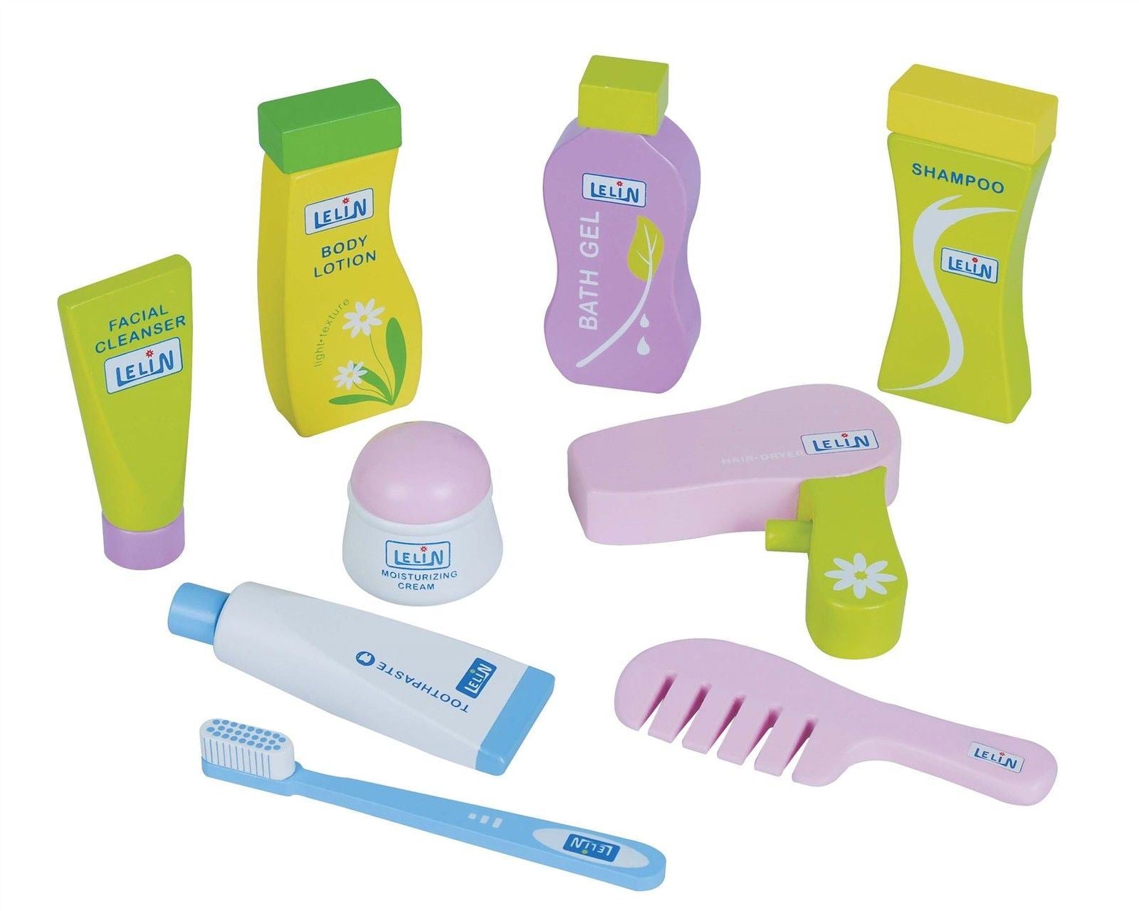 Lelin 9-Piece Toy Toiletry Set with Toothbrush, Toothpaste, Facial Cleanser, Bath Gel, Lotion, Cream, Shampoo, Comb and Hair Dryer
