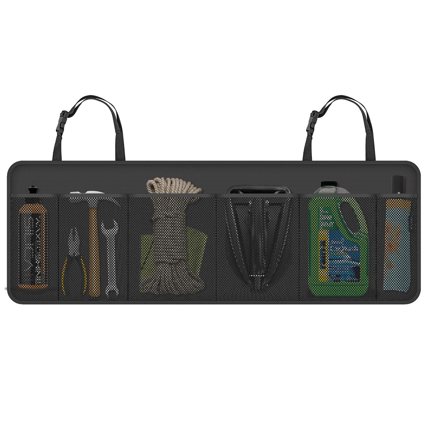 Vinsani Hanging Car Boot Organiser Black with Multi Mesh Pockets