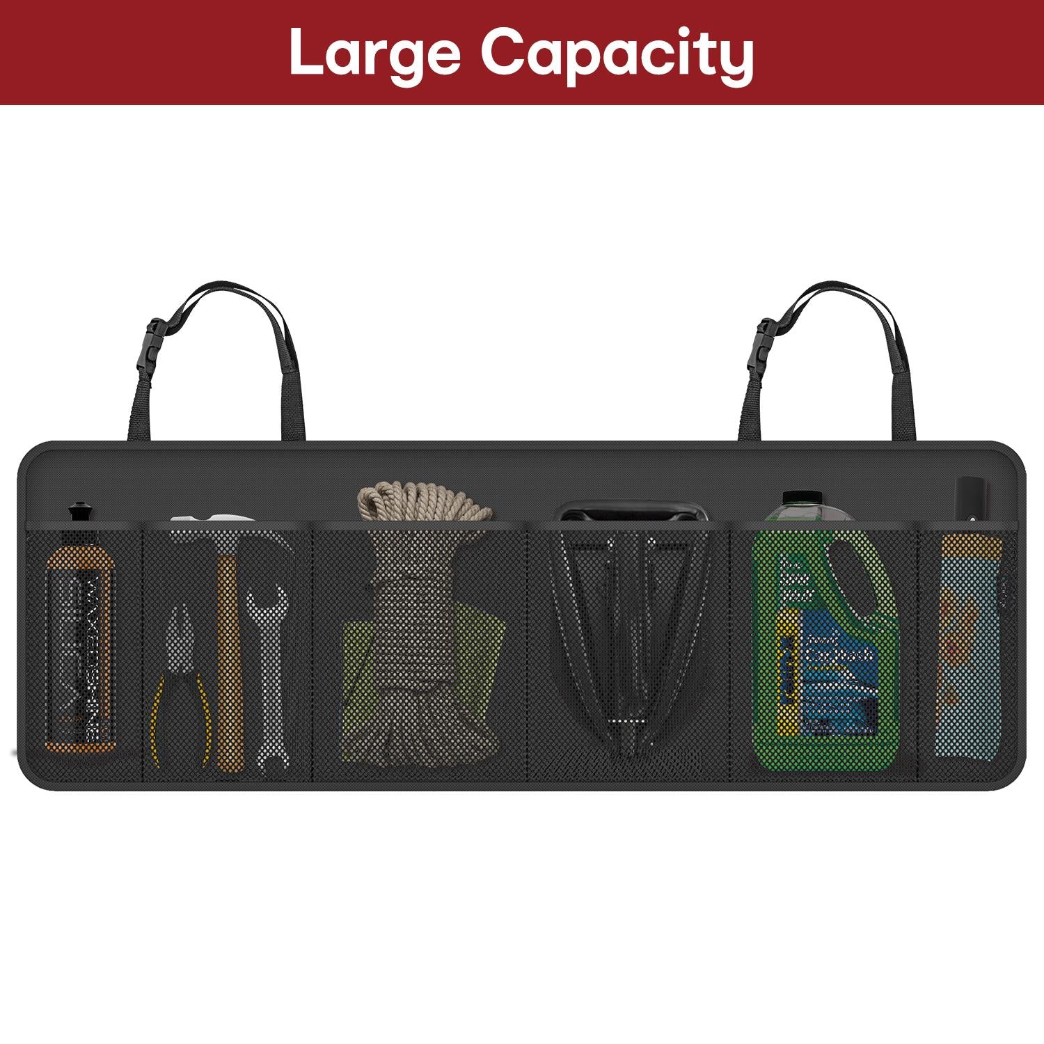Vinsani Hanging Car Boot Organiser Black with Multi Mesh Pockets