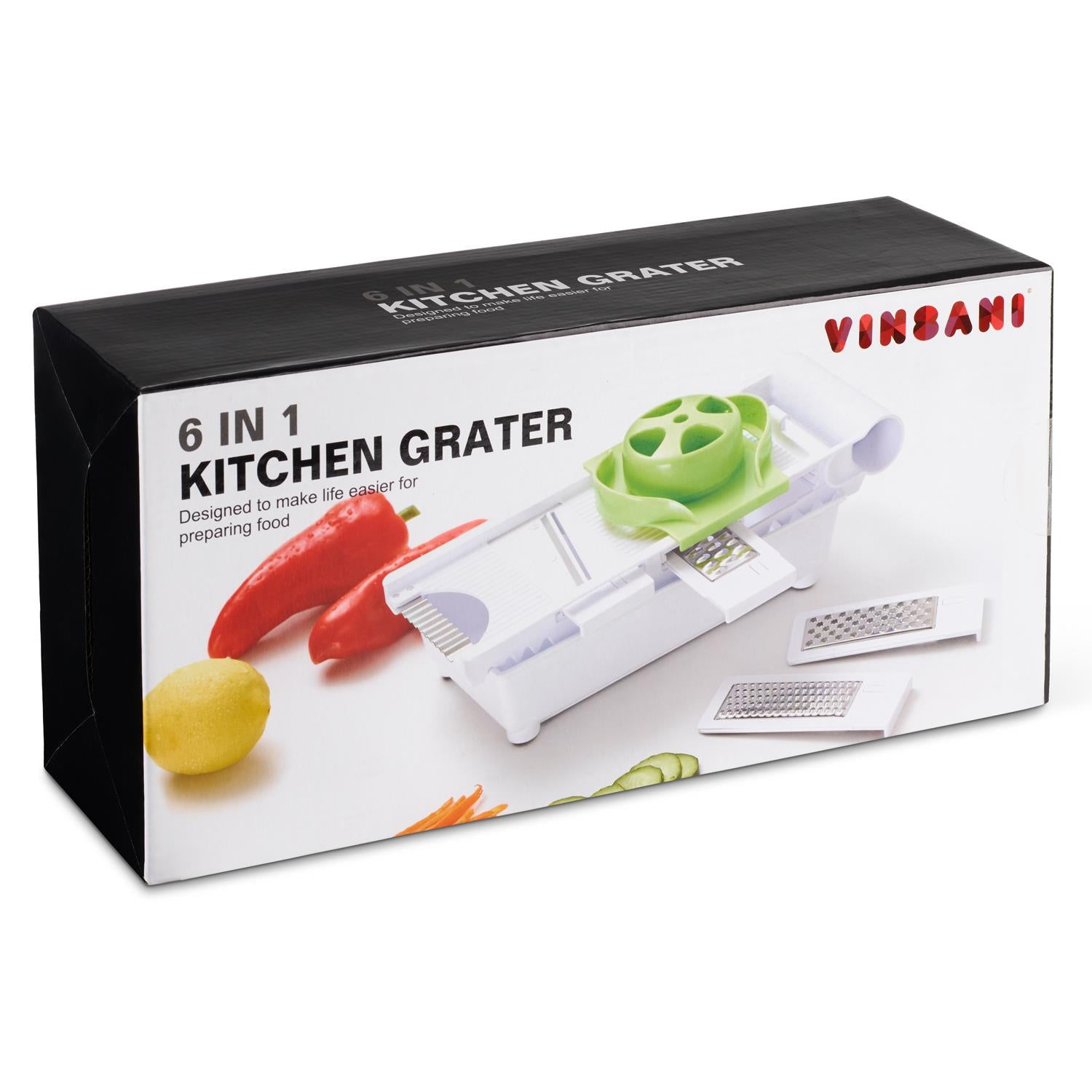 Vinsani 6 in 1 Grater with 5 Interchangeable Inserts, Food Holder and Blade Storage