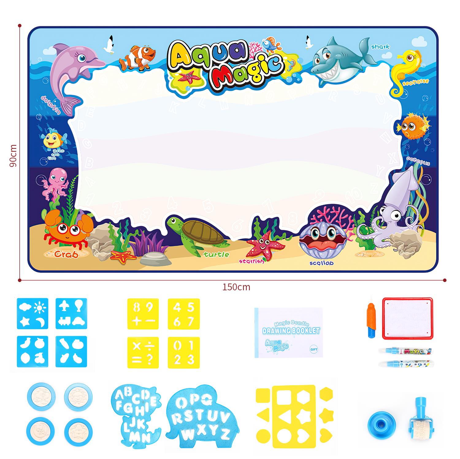 SOKA Water Doodle Mat Set, 150 x 90 cm, with 2 Magic Water Pens, Stencils, Foam Shapes, Brush, Roller and Drawing Board