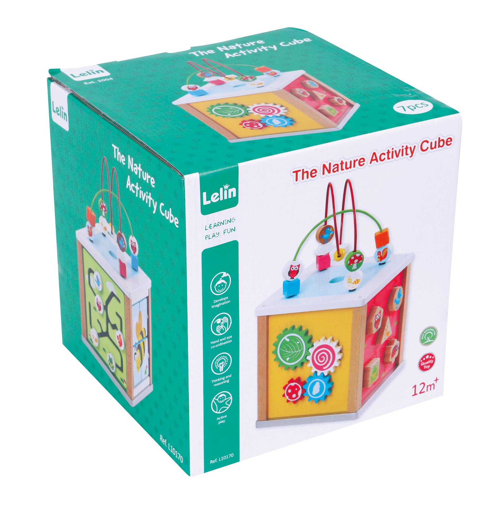 Lelin Multi-Activity Nature Activity Cube Toy for 12 Months+ Kids with Bead Frame, Shape Blocks, Maze, Flip a Block and Gear Wheel