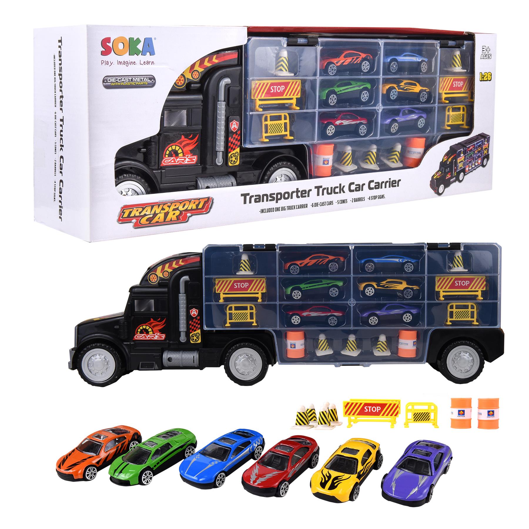 SOKA Transporter Truck Car Carrier Toy Set with 6 Die-Cast Cars