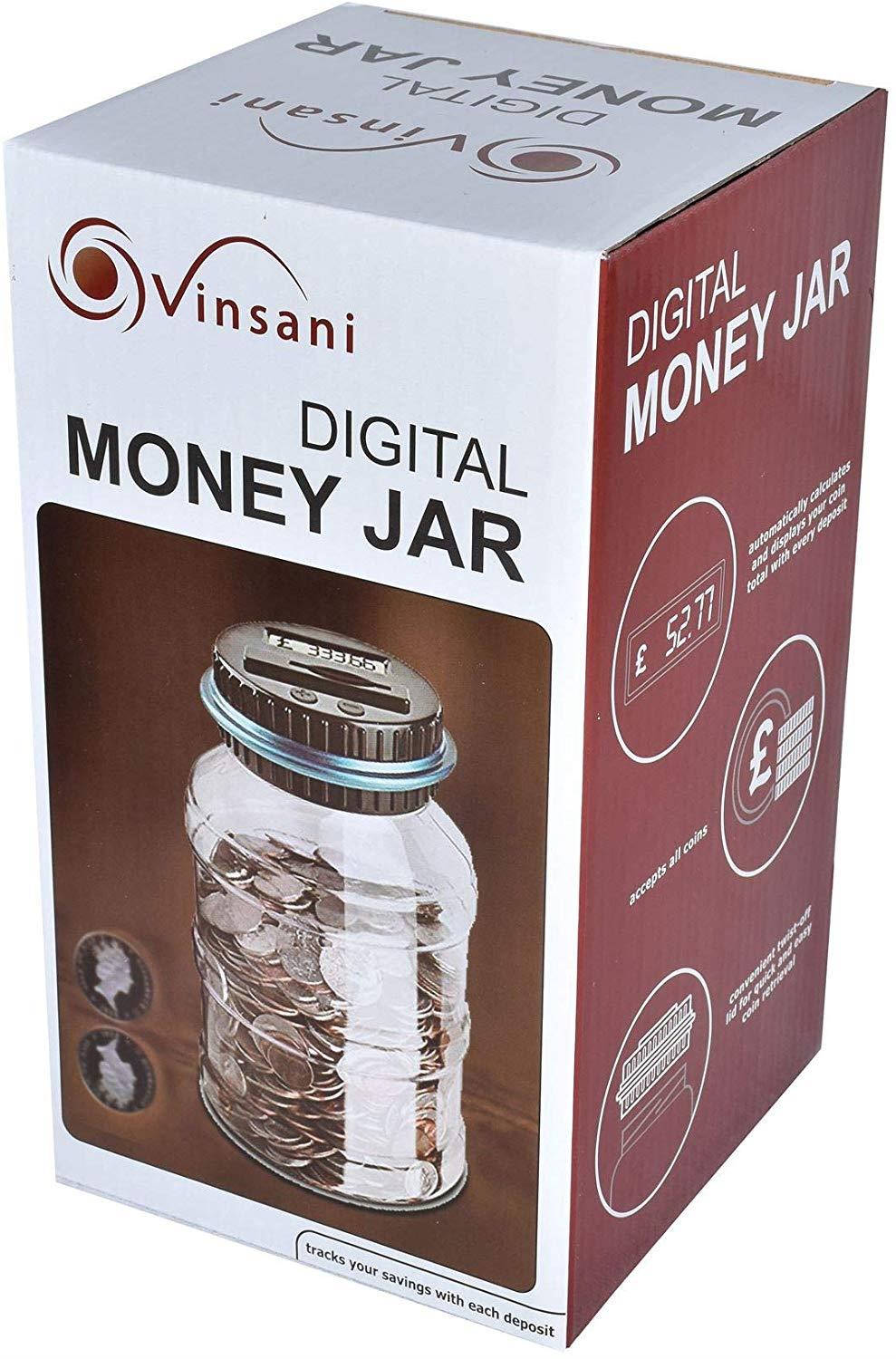 Vinsani Digital Coin Counting Money Jar, UK Coin Bank, LCD Screen, 1.8L Large Capacity