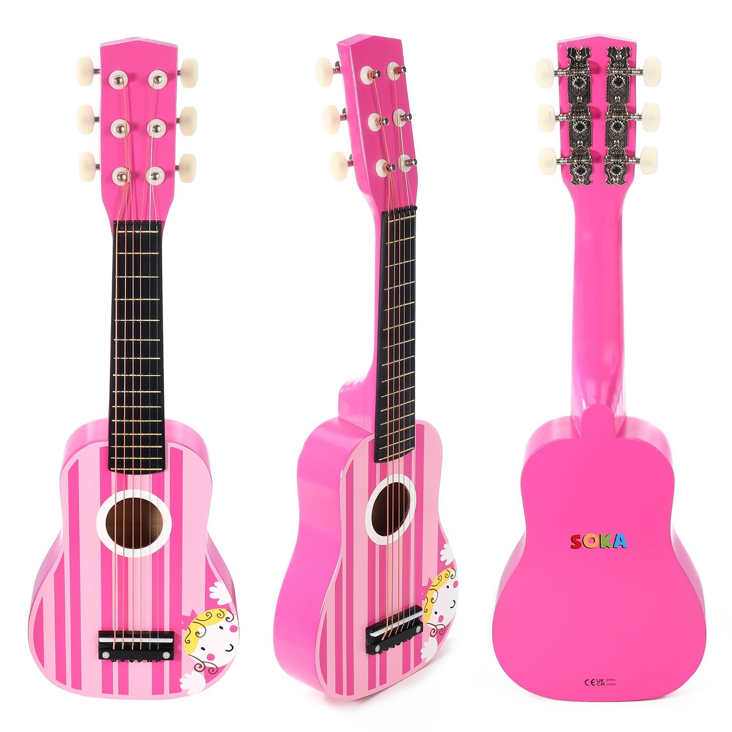 SOKA Wooden Pink Striped 6-String Guitar Toy for Kids Ages 3+