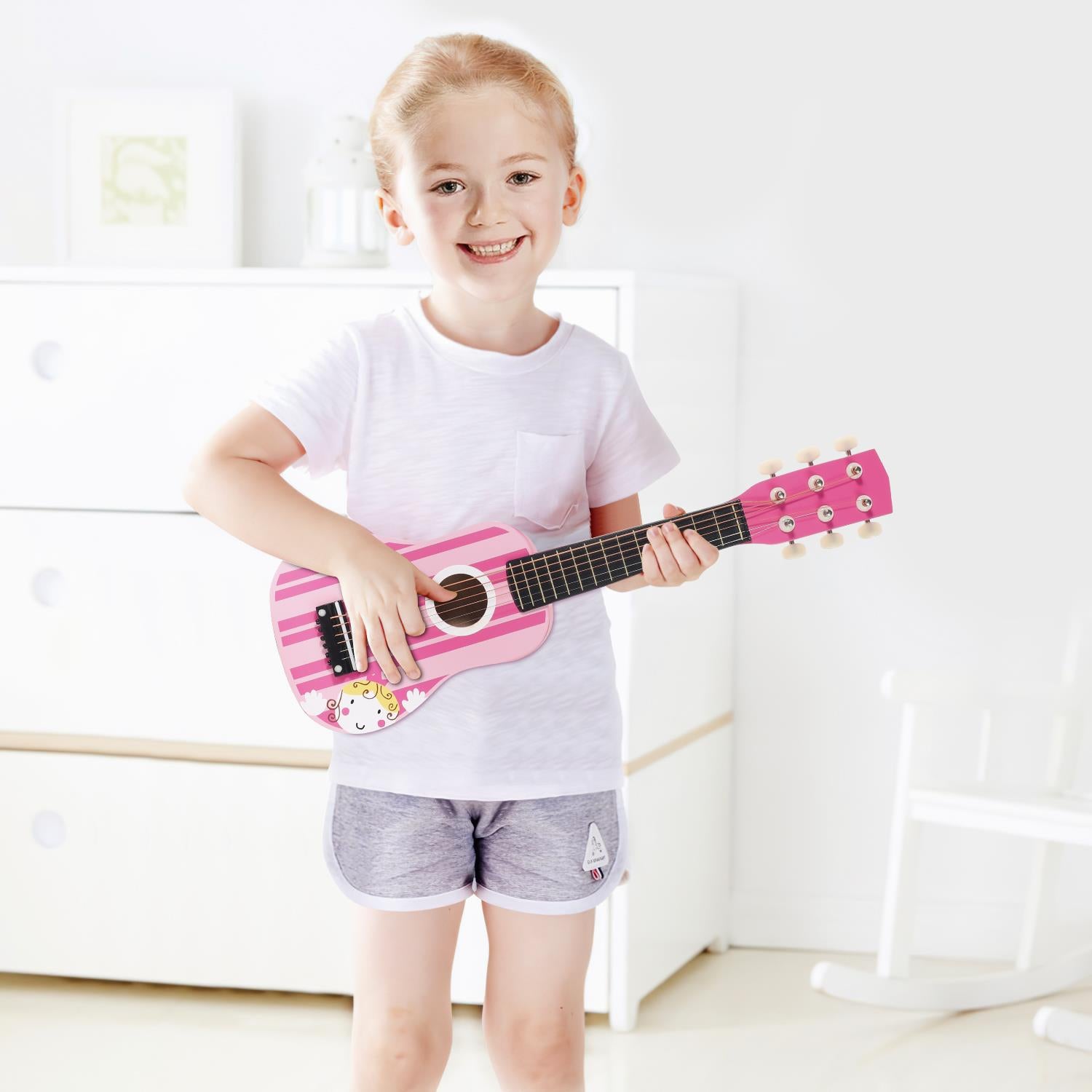 SOKA Wooden Pink Striped 6-String Guitar Toy for Kids Ages 3+