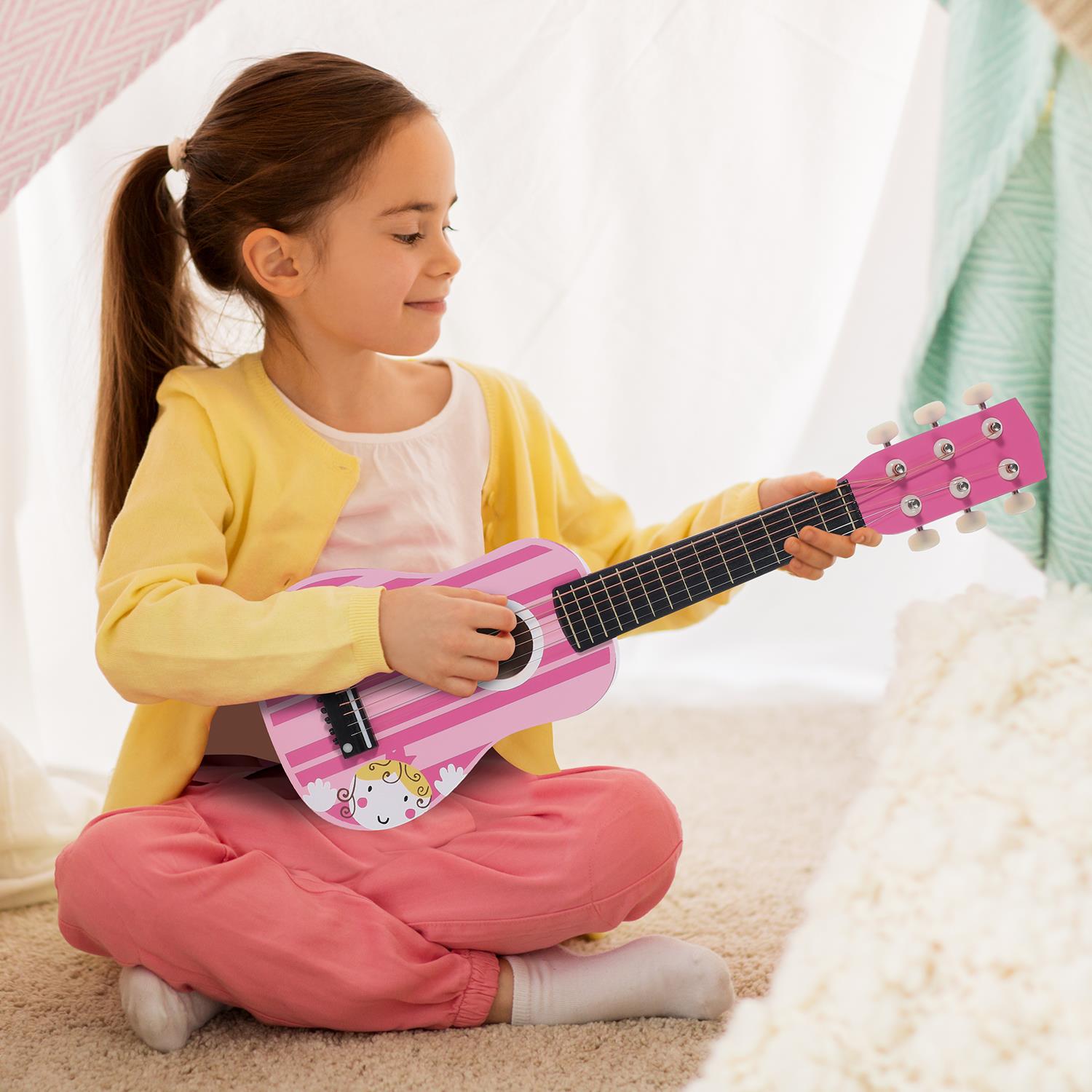 SOKA Wooden Pink Striped 6-String Guitar Toy for Kids Ages 3+