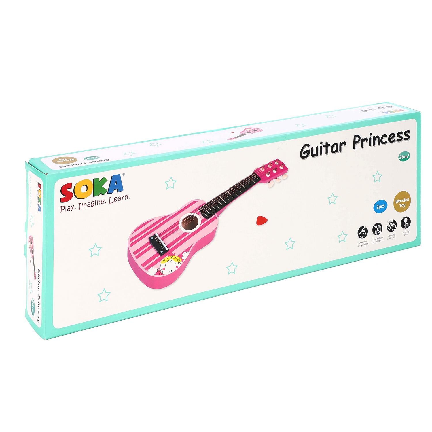 SOKA Wooden Pink Striped 6-String Guitar Toy for Kids Ages 3+