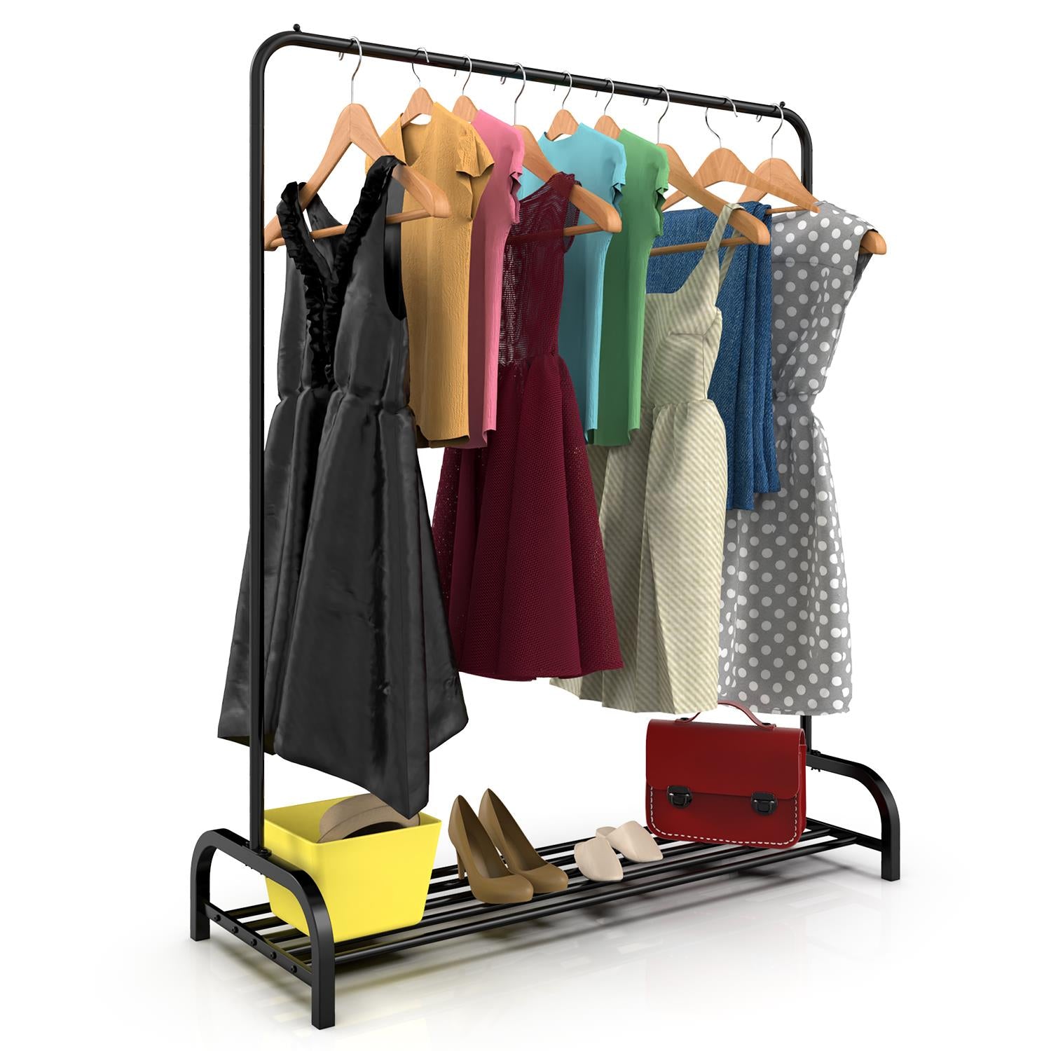 Vinsani Black Free-Standing Clothes Rail and Shoe Rack with Side Stoppers