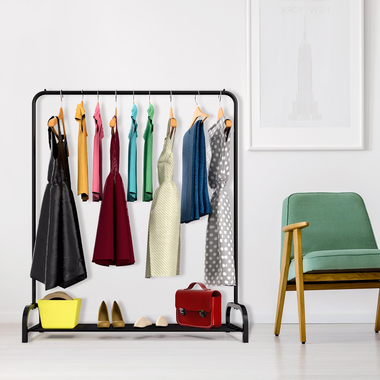 Vinsani Black Free-Standing Clothes Rail and Shoe Rack with Side Stoppers